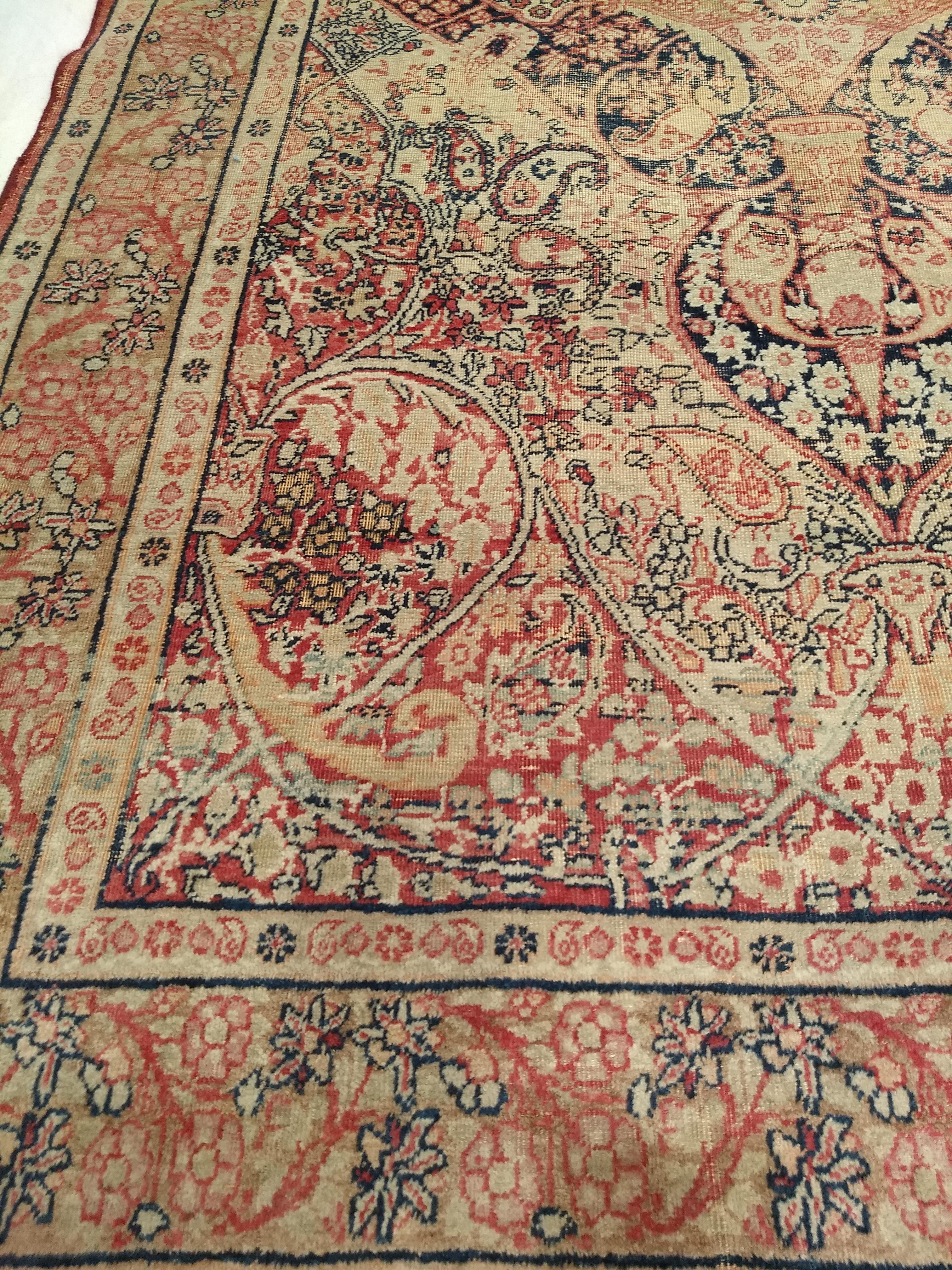 19th Century Persian Kerman Lavar in Medallion Pattern in Pale Yellow, Red, Blue For Sale 3