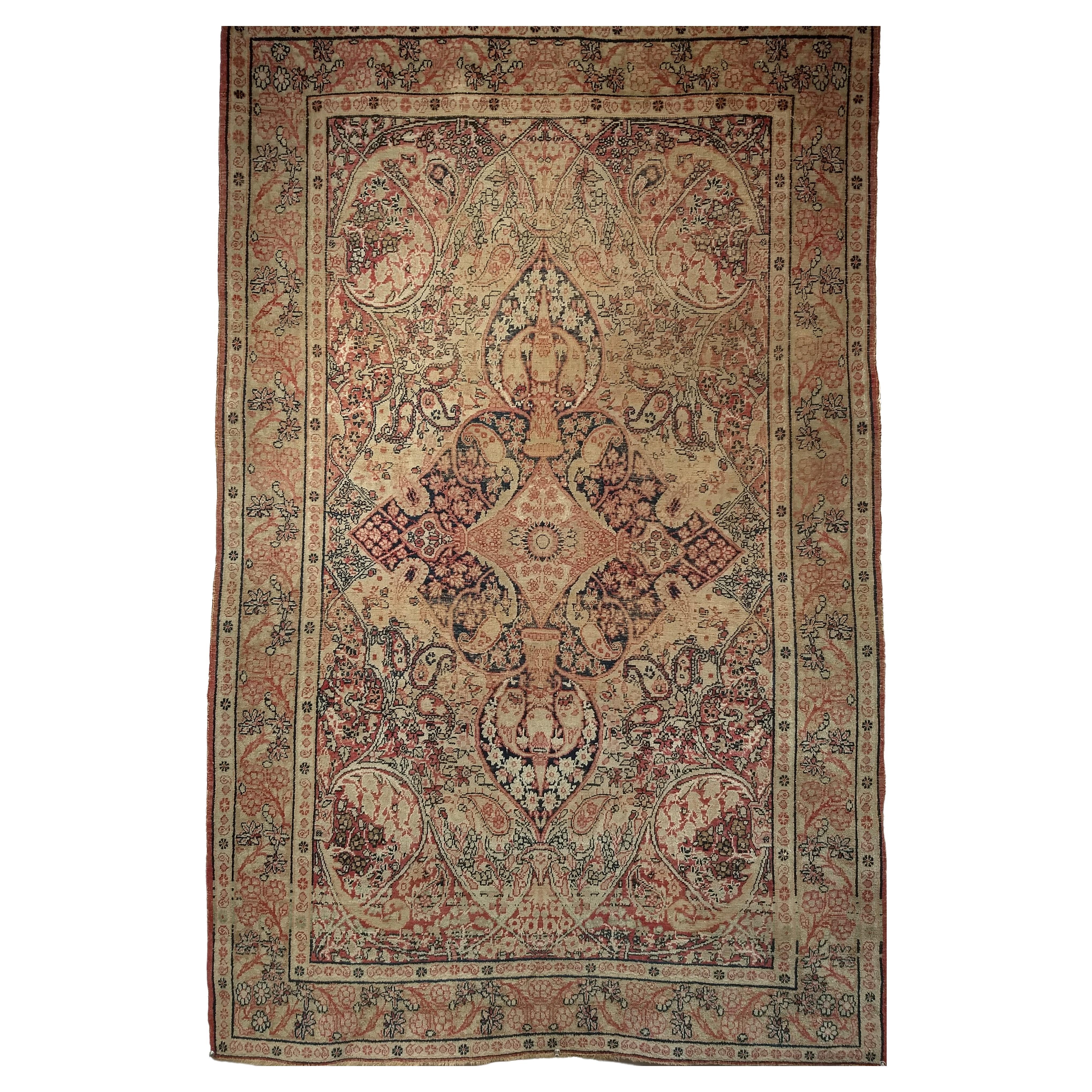 19th Century Persian Kerman Lavar in Medallion Pattern in Pale Yellow, Red, Blue For Sale