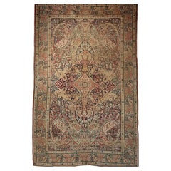 Antique 19th Century Persian Kerman Lavar in Medallion Pattern in Pale Yellow, Red, Blue