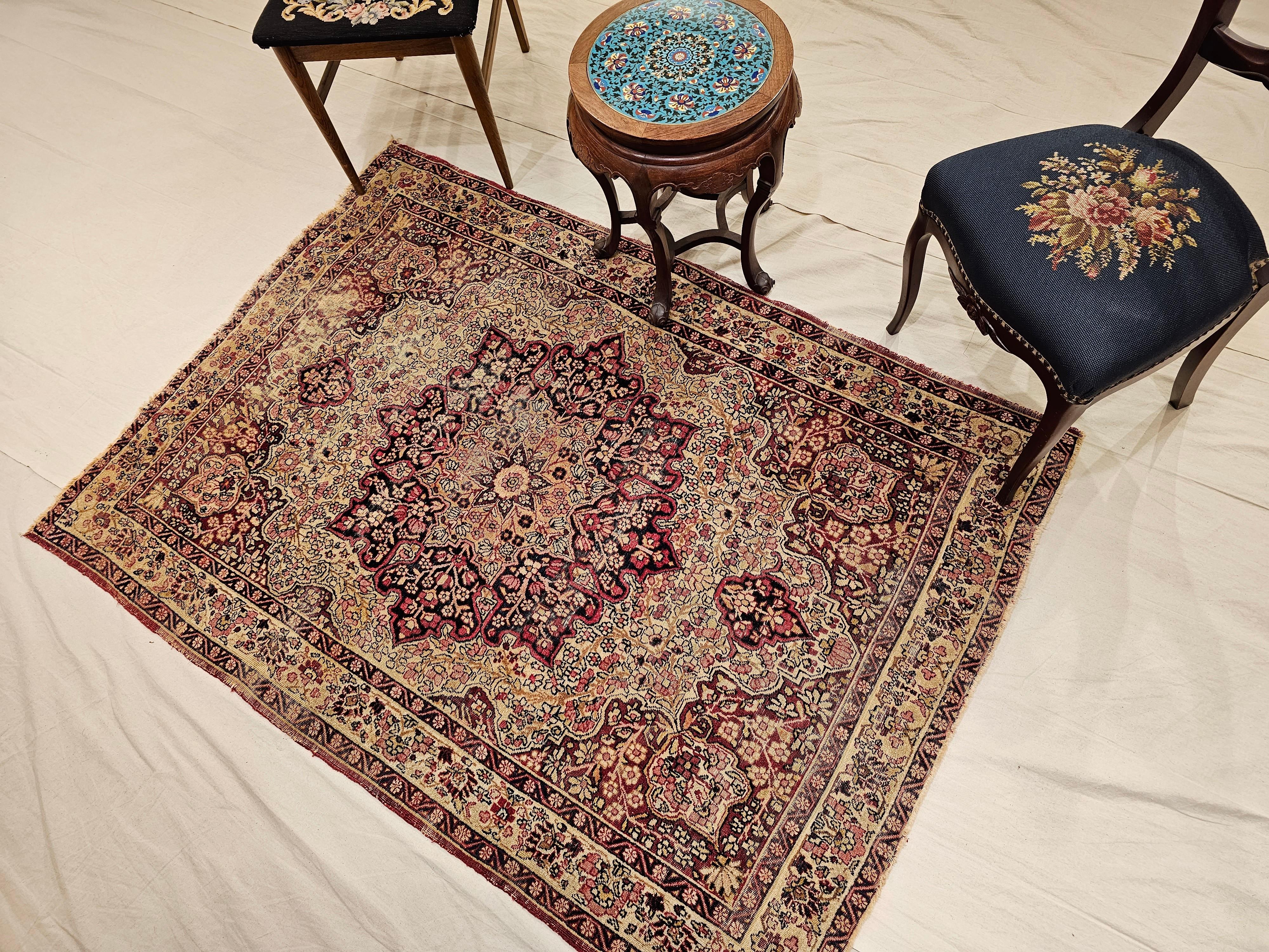19th Century Persian Kerman Lavar in Floral Pattern in Red, Pale Yellow, Black For Sale 3