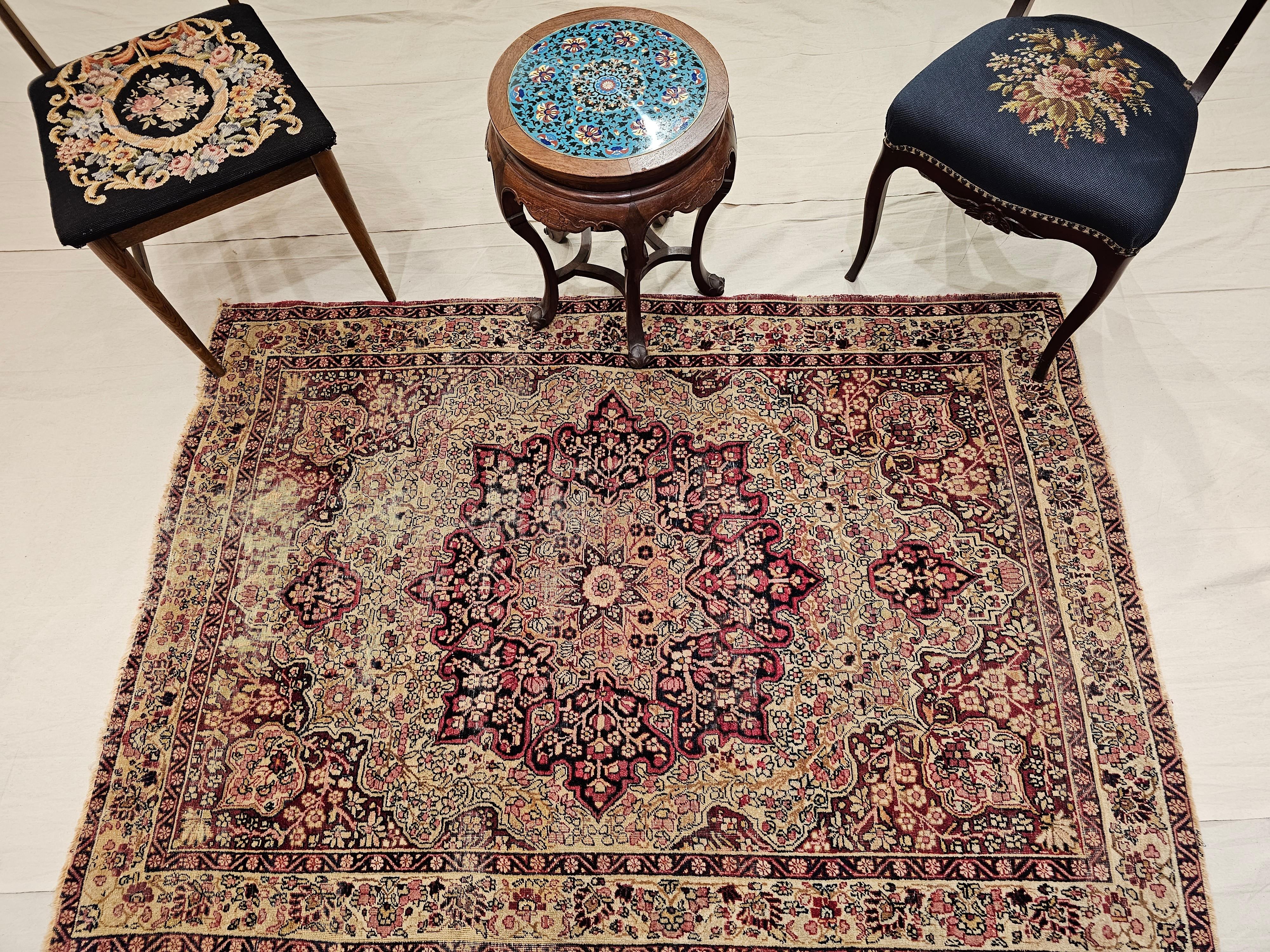 19th Century Persian Kerman Lavar in Floral Pattern in Red, Pale Yellow, Black For Sale 4