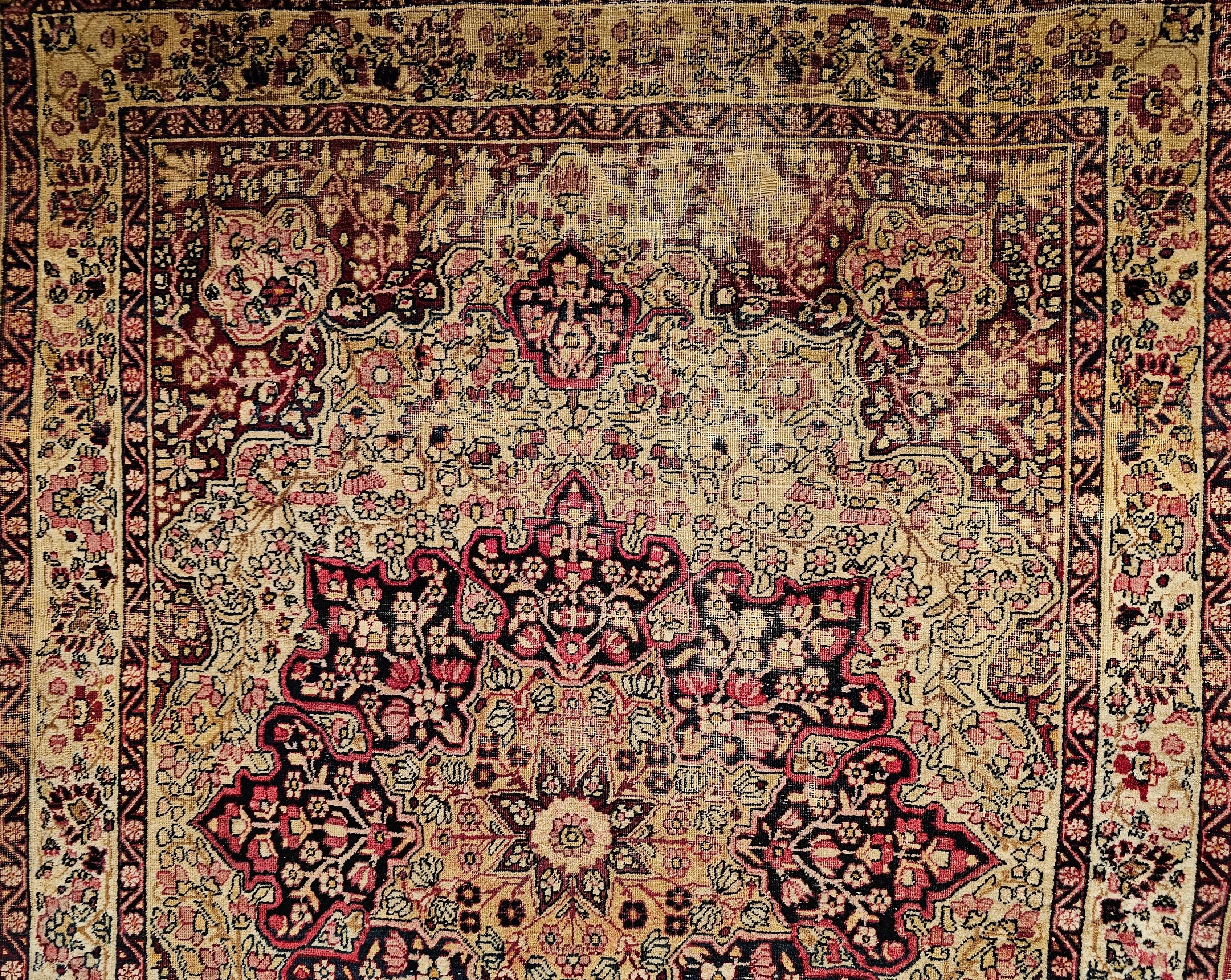 Vegetable Dyed 19th Century Persian Kerman Lavar in Floral Pattern in Red, Pale Yellow, Black For Sale
