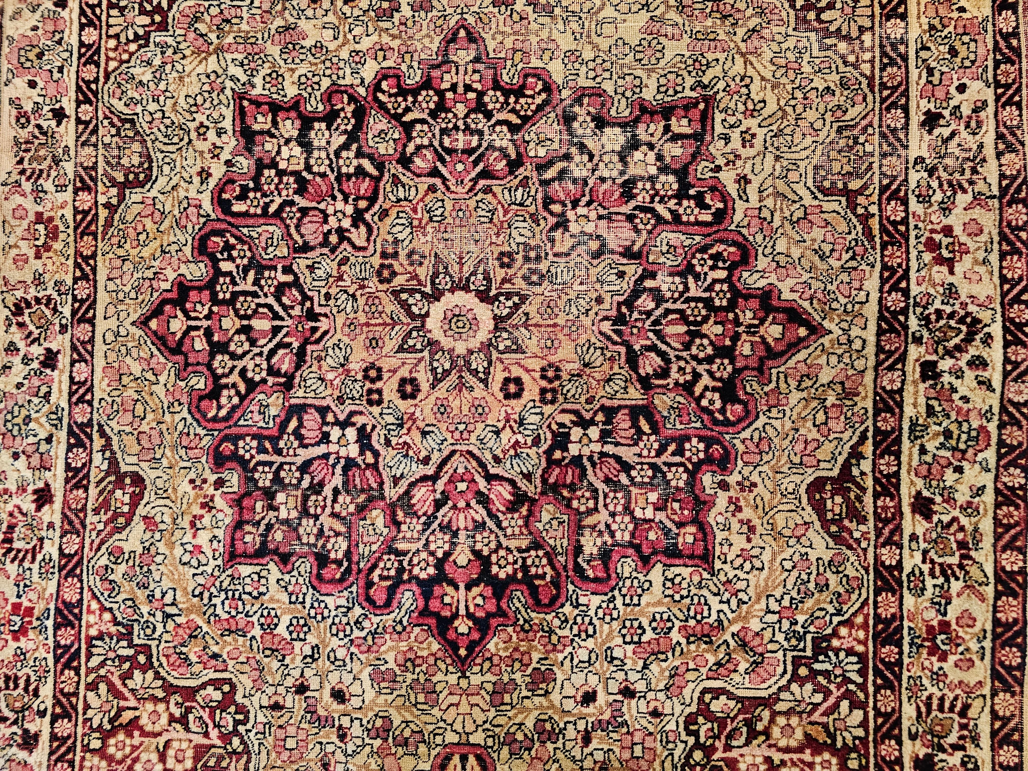 19th Century Persian Kerman Lavar in Floral Pattern in Red, Pale Yellow, Black In Good Condition For Sale In Barrington, IL