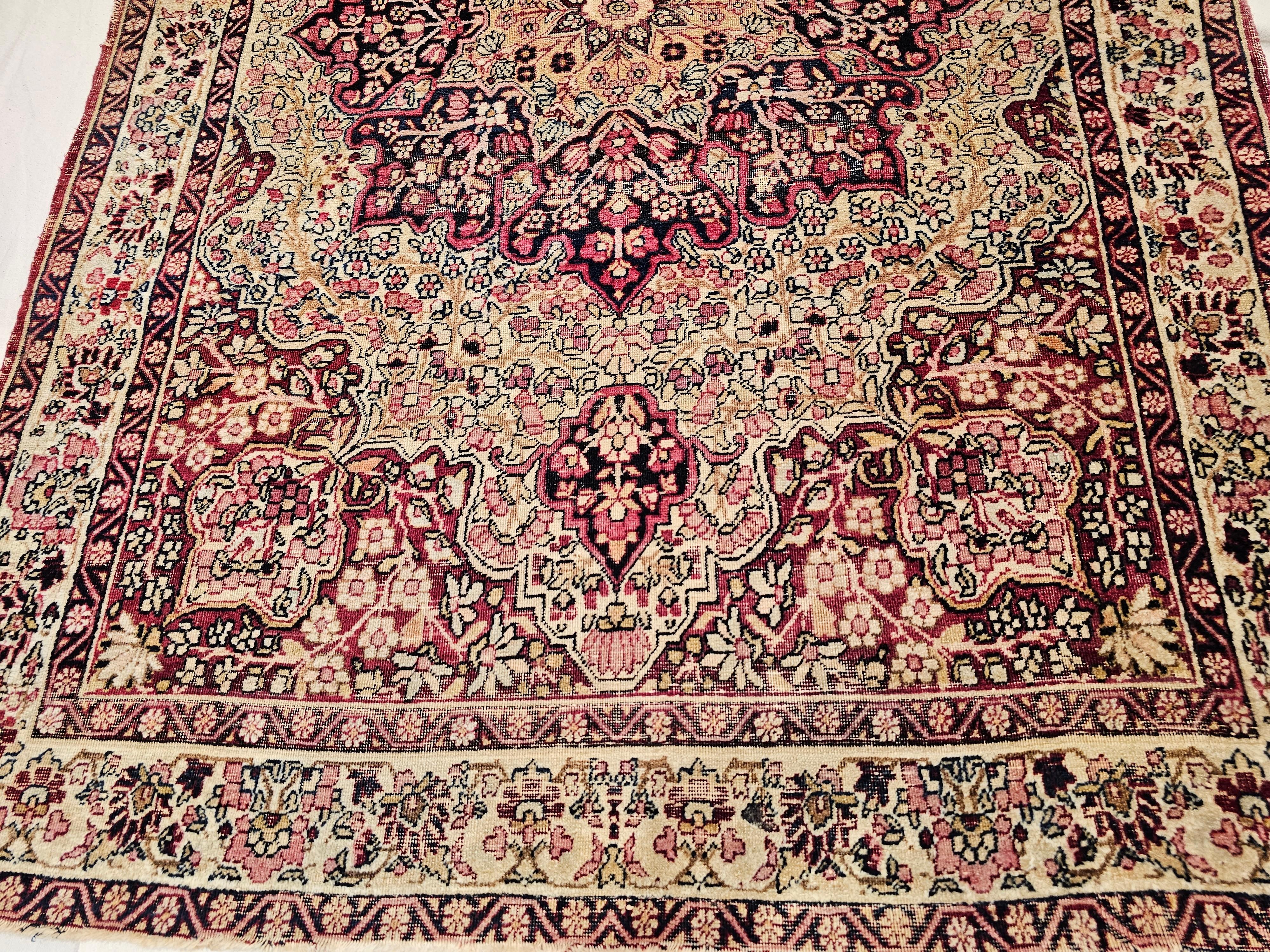 Wool 19th Century Persian Kerman Lavar in Floral Pattern in Red, Pale Yellow, Black For Sale