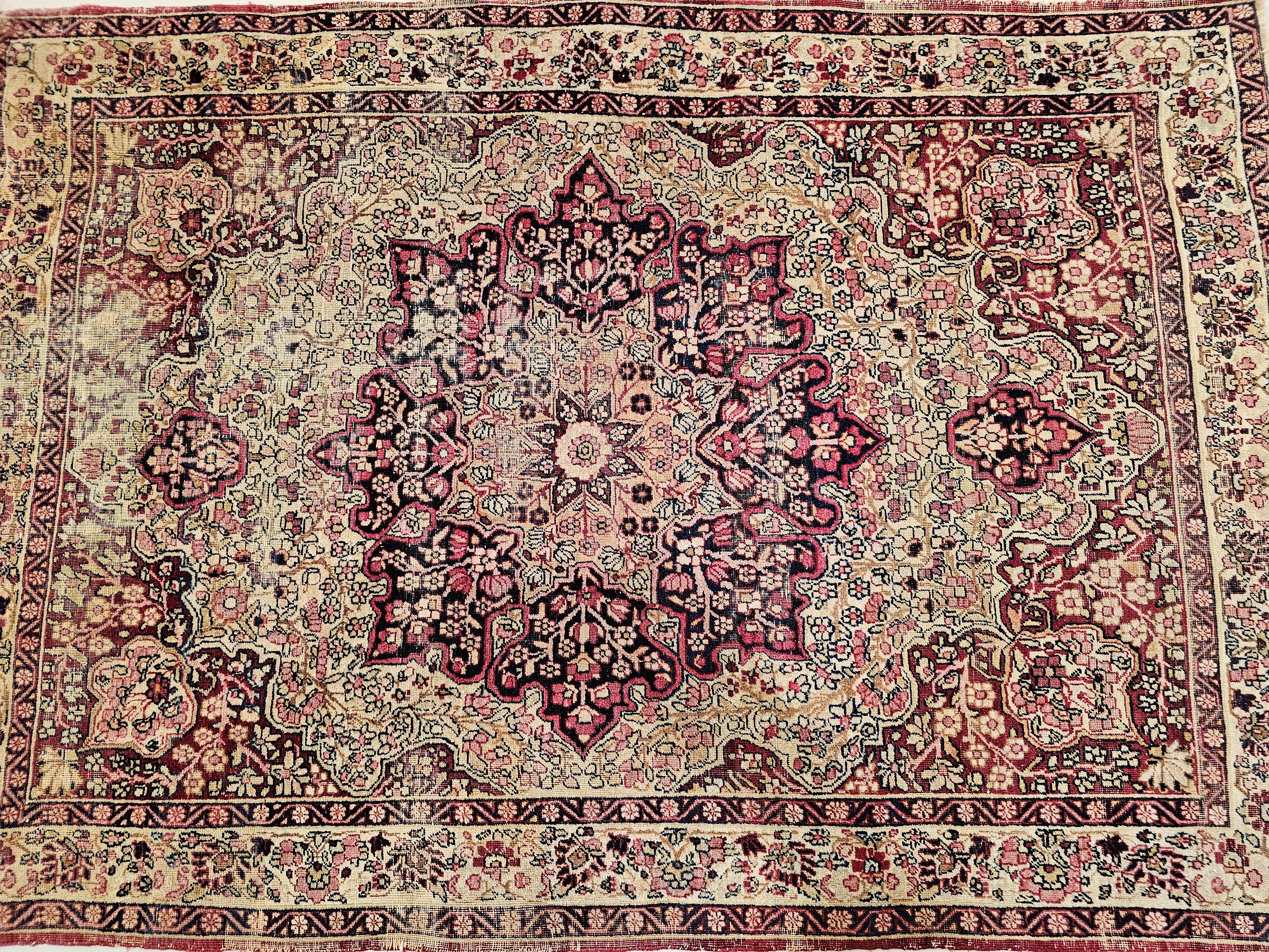 19th Century Persian Kerman Lavar in Floral Pattern in Red, Pale Yellow, Black For Sale 1
