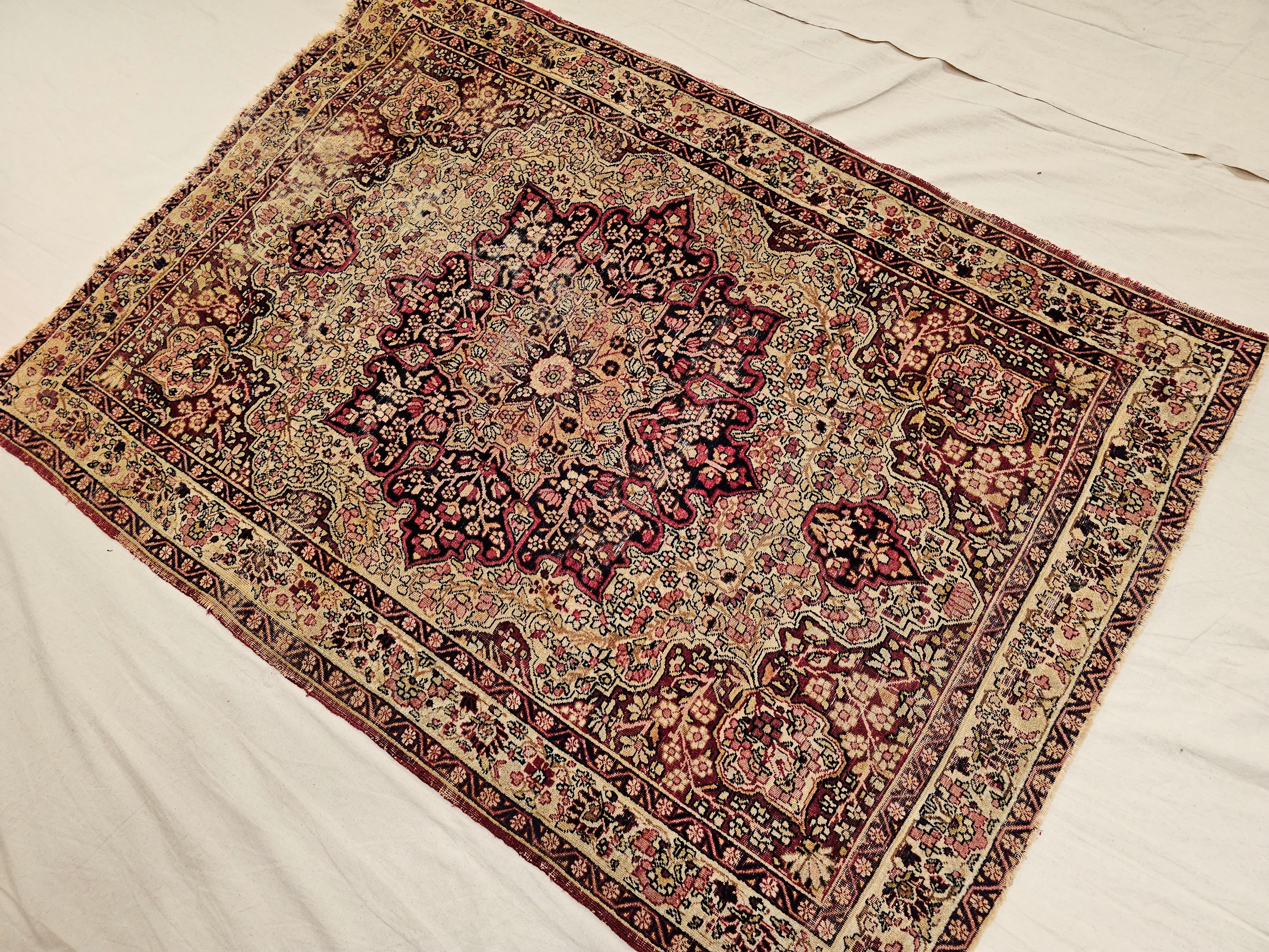 19th Century Persian Kerman Lavar in Floral Pattern in Red, Pale Yellow, Black For Sale 2