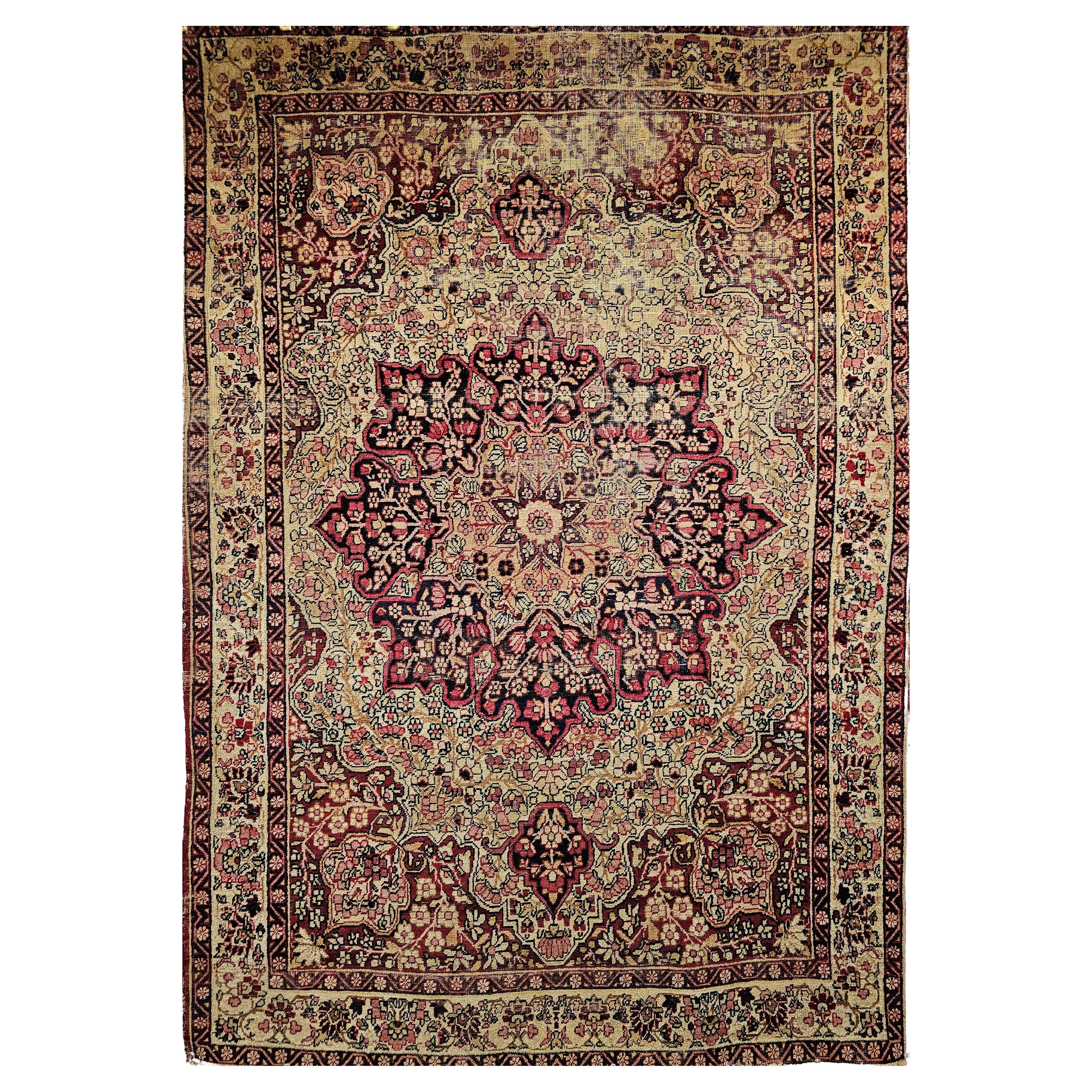 19th Century Persian Kerman Lavar in Floral Pattern in Red, Pale Yellow, Black For Sale