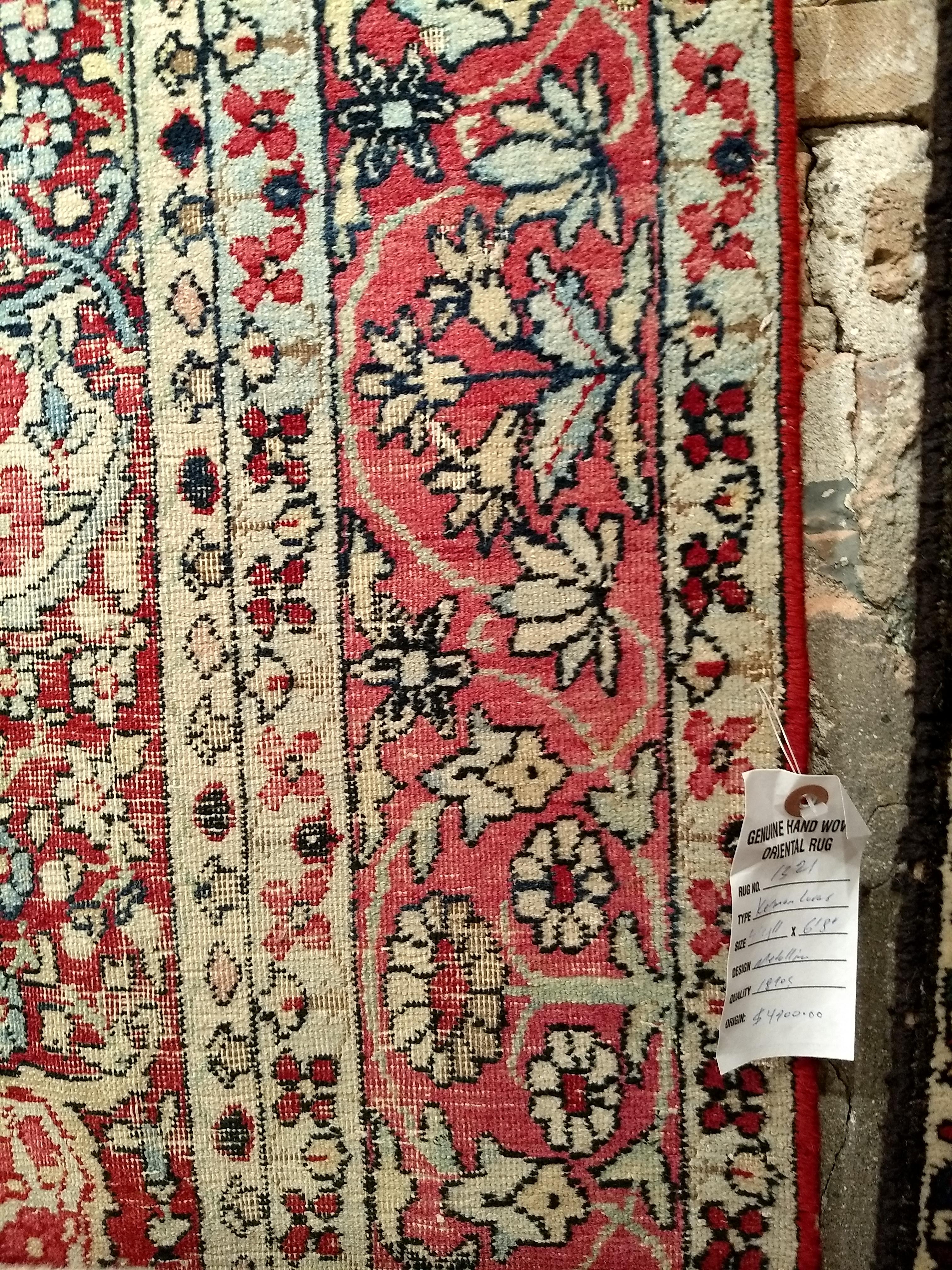 19th Century Persian Kerman Lavar Area Rug in Floral Design in Red, Ivory, Black For Sale 2