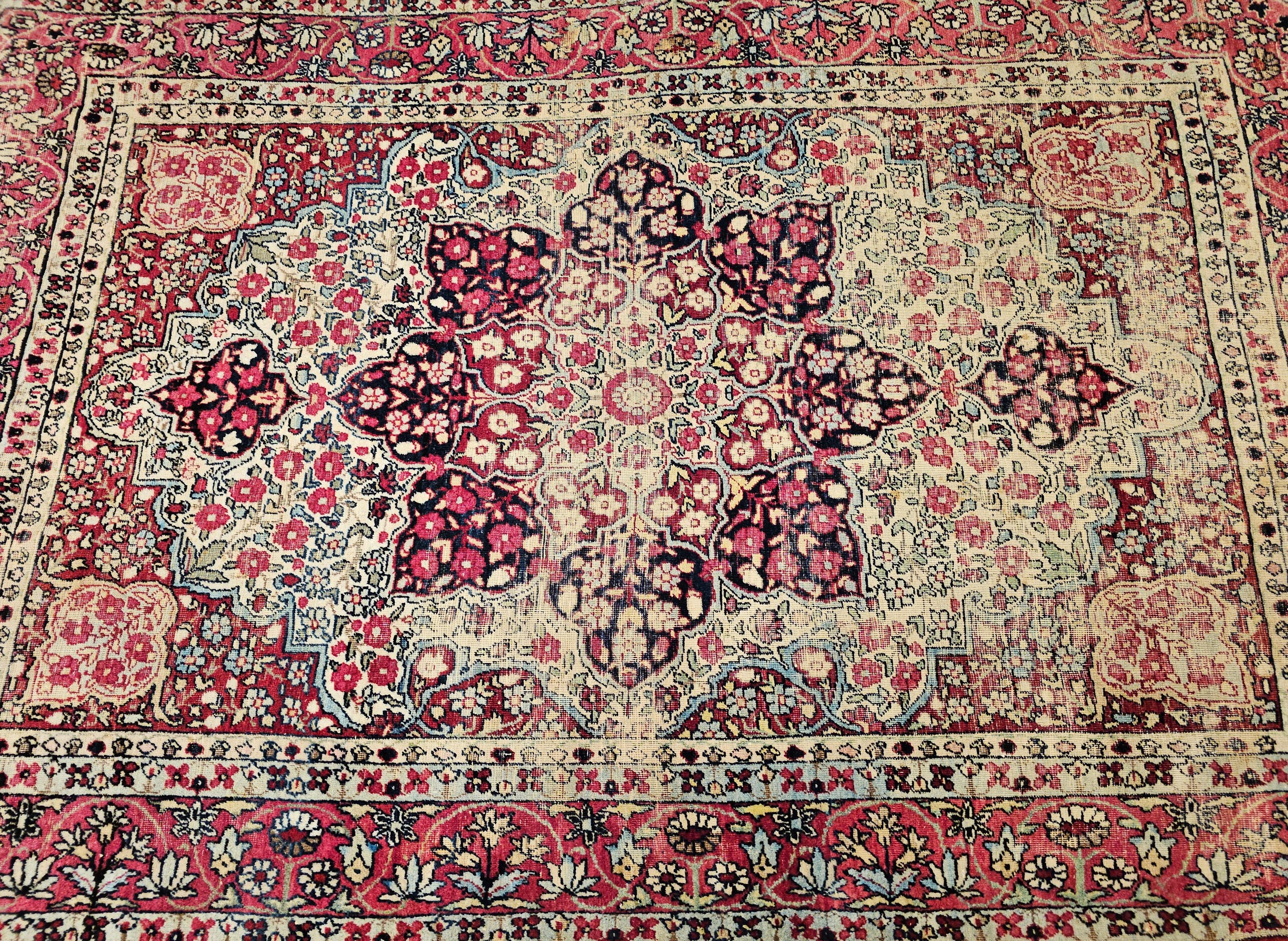 19th Century Persian Kerman Lavar Area Rug in Floral Design in Red, Ivory, Black For Sale 3