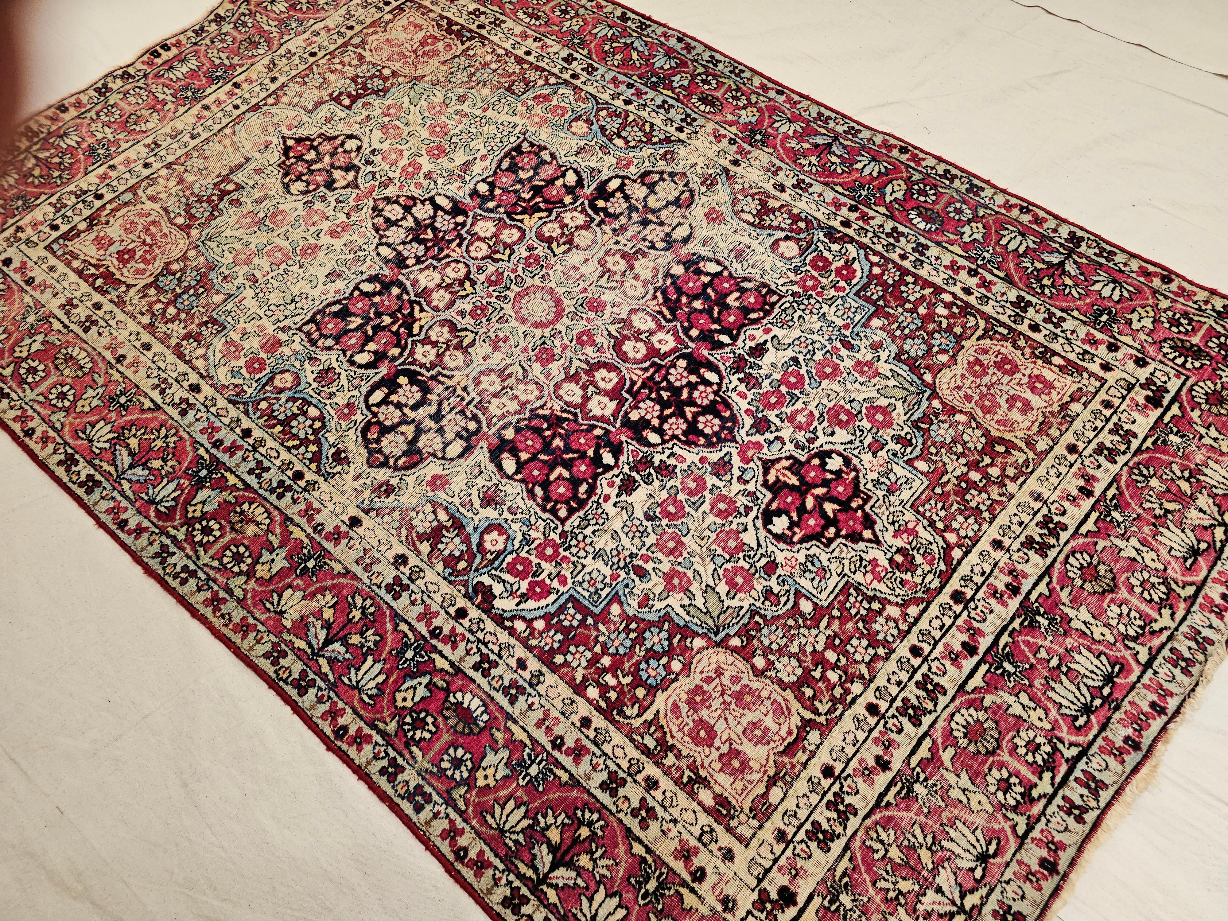 19th Century Persian Kerman Lavar Area Rug in Floral Design in Red, Ivory, Black For Sale 4