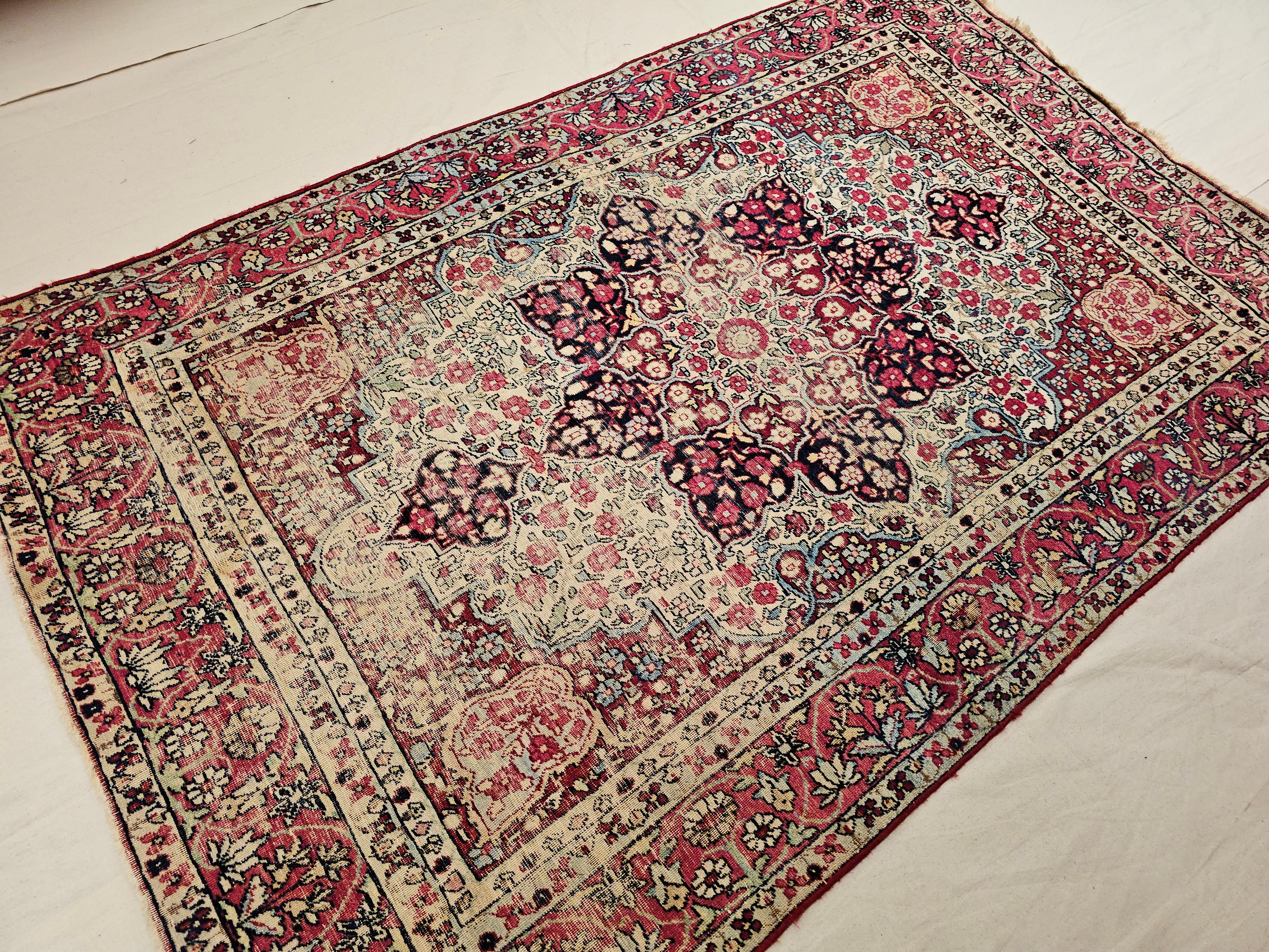19th Century Persian Kerman Lavar Area Rug in Floral Design in Red, Ivory, Black For Sale 5