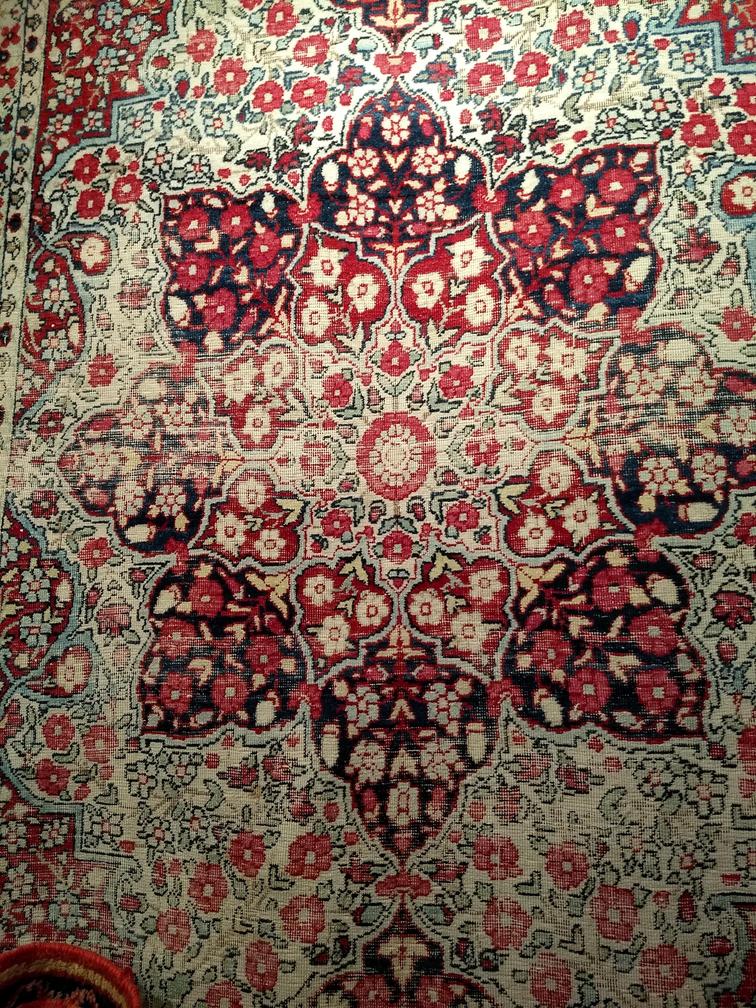 Late 19th Century 19th Century Persian Kerman Lavar Area Rug in Floral Design in Red, Ivory, Black For Sale