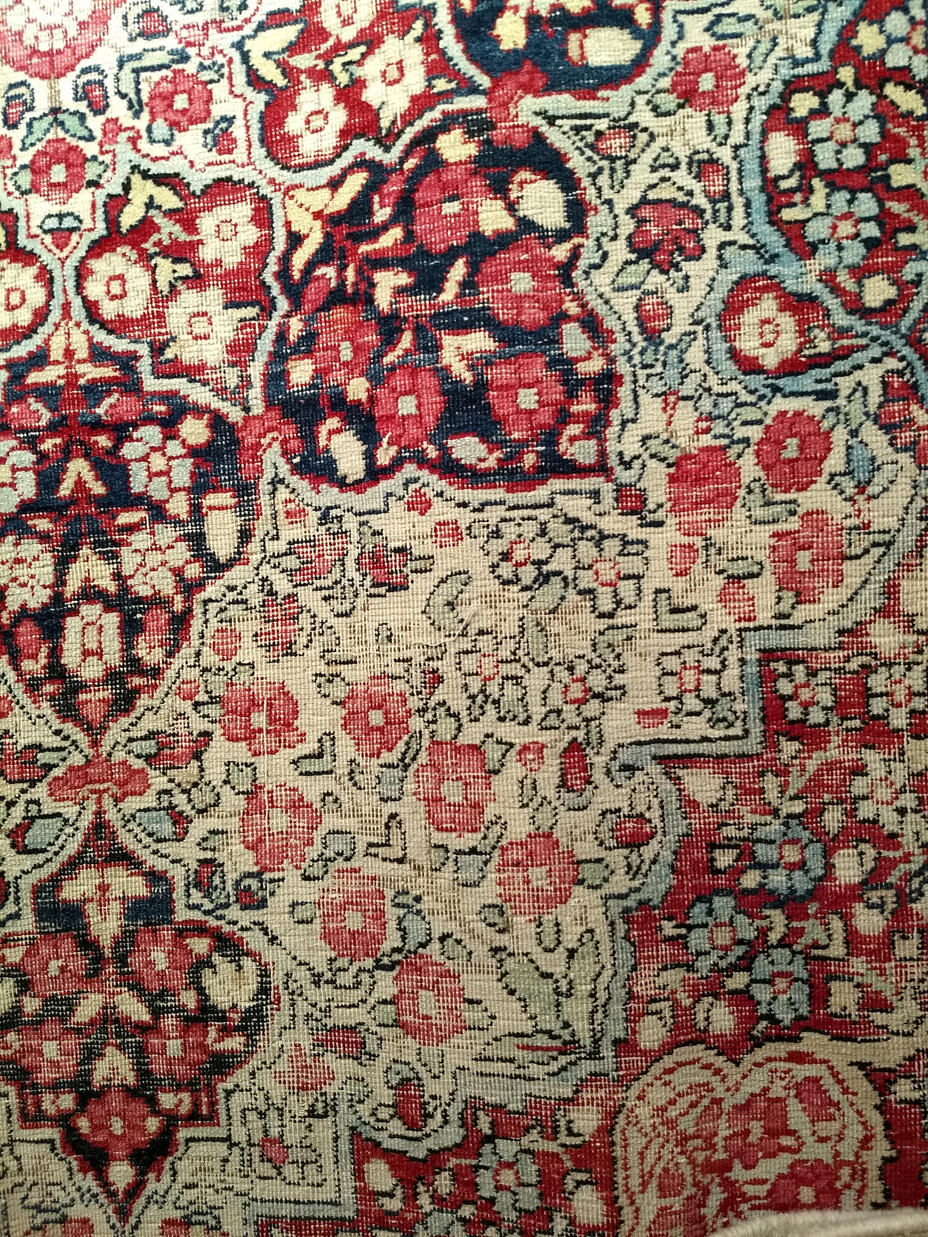 19th Century Persian Kerman Lavar Area Rug in Floral Design in Red, Ivory, Black For Sale 1