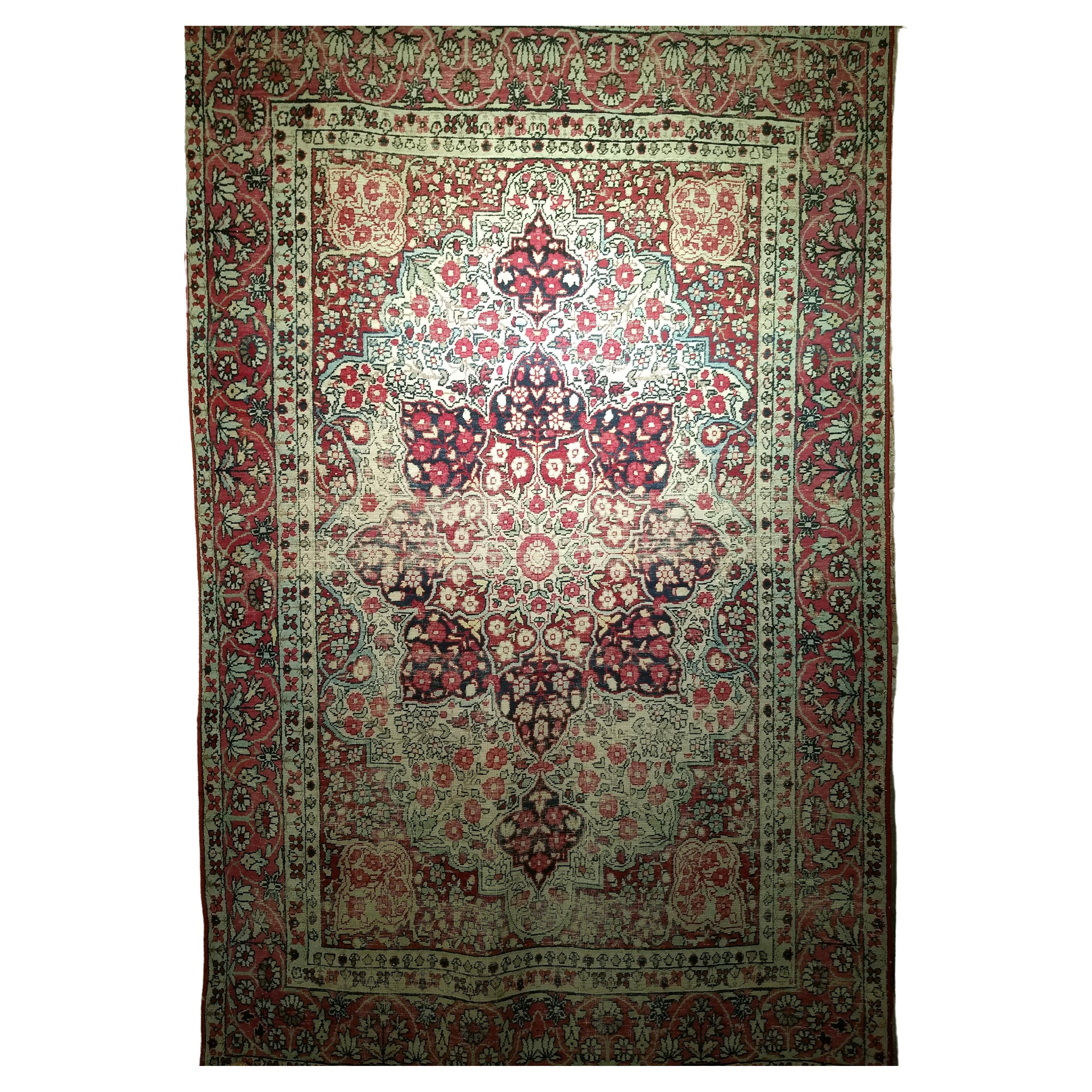 19th Century Persian Kerman Lavar Area Rug in Floral Design in Red, Ivory, Black For Sale