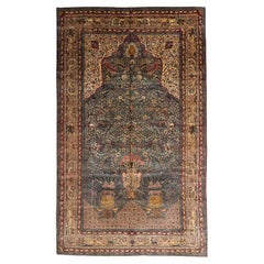 Antique Kerman Oversized Carpet with Teal Field, Floral Garden Design and Animal Motifs