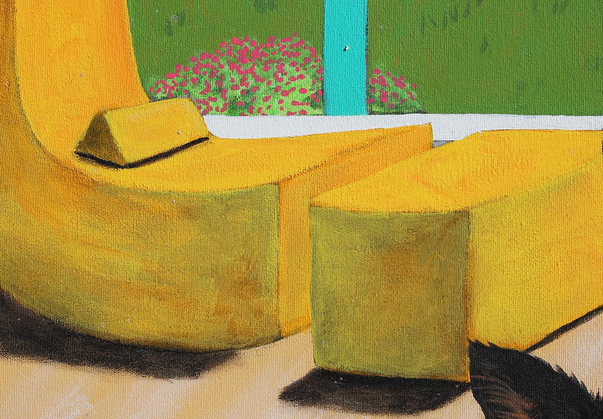 Colorful and Fun Abstract Contemporary Painting of Animals in Interior Scene - Beige Abstract Painting by Kermit Eisenhut