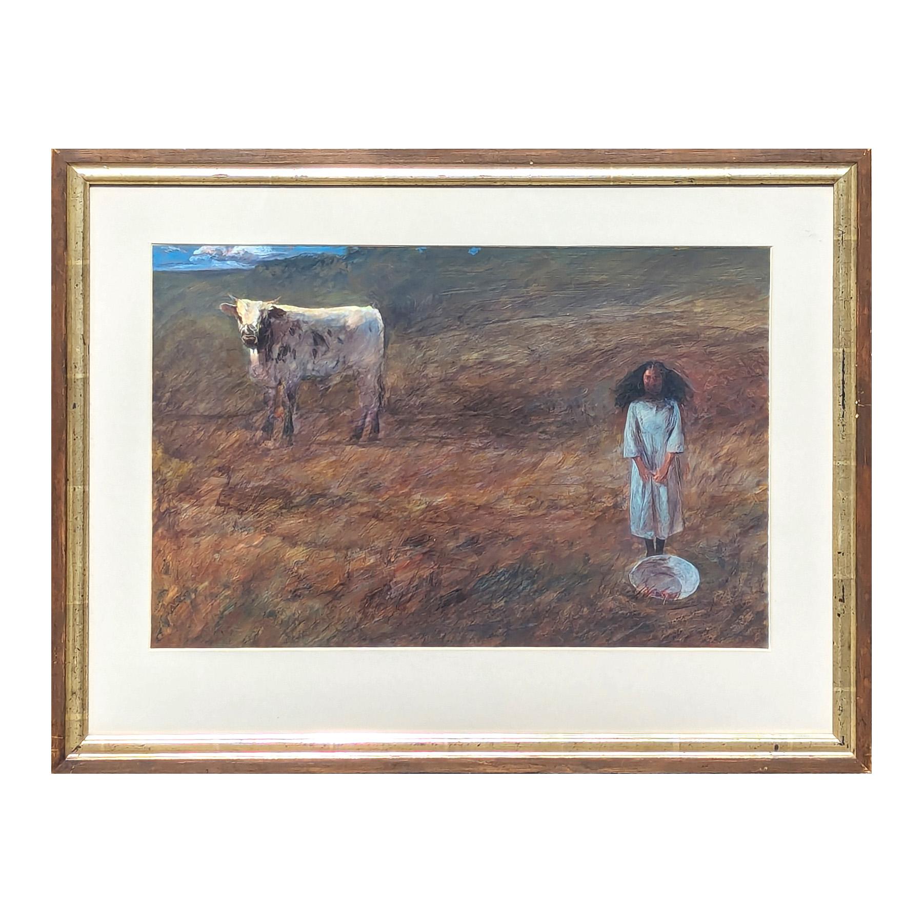 Paysage Paysage, peinture de paysage pastoral naturaliste représentant une jeune fille et une vache - Painting de Kermit Oliver