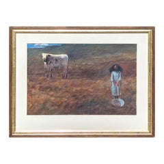 “Paysage” Naturalistic Pastoral Landscape Painting of a Young Girl and Cow