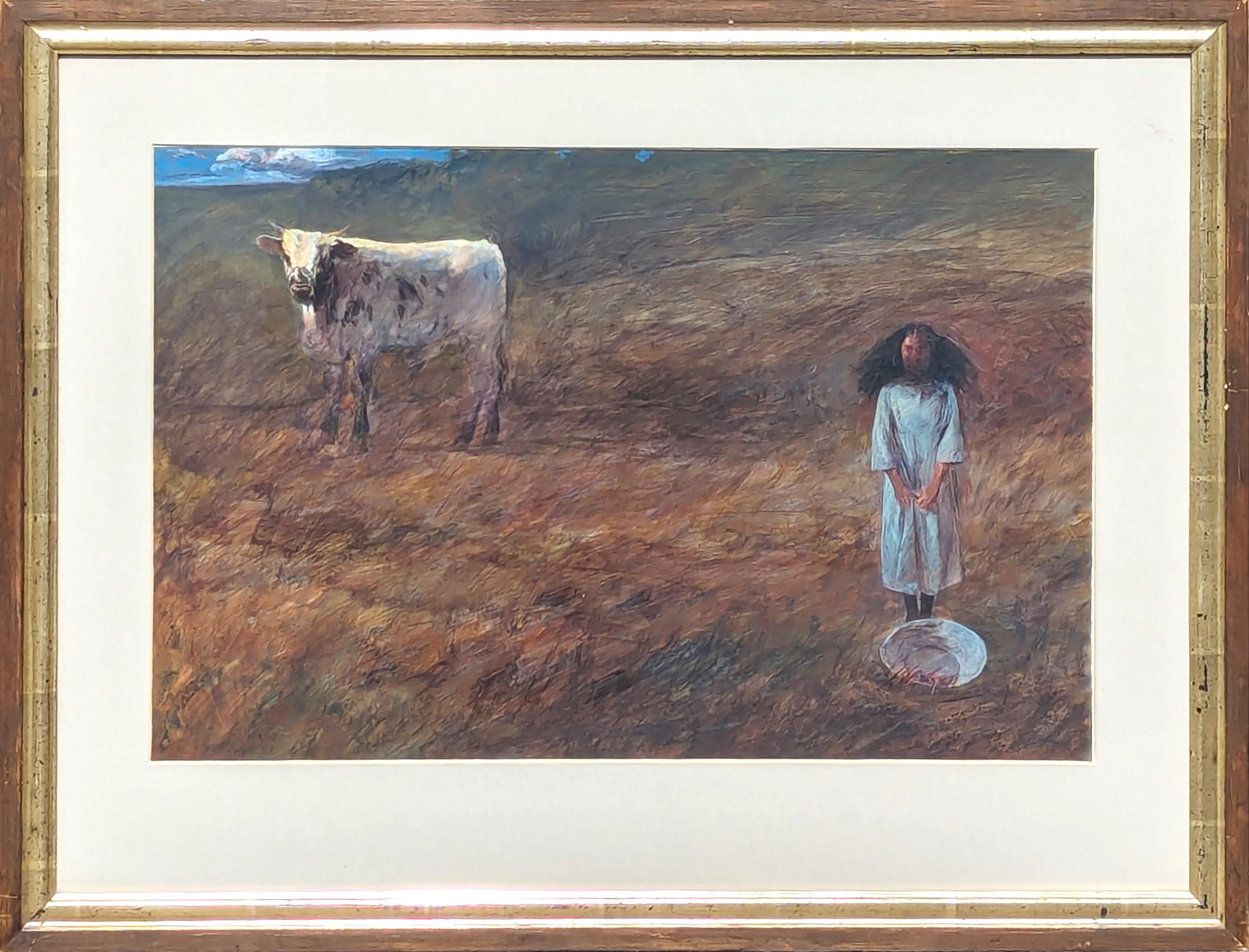 Naturalistic pastoral mixed media landscape painting by Texas-based artist Kermit Oliver. The work features a young girl standing in a field with a cow in the background. Signed in the front lower left corner. Retains original tag from DuBose