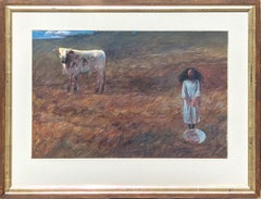 Paysage Naturalistische pastorale Landschaftsgemälde eines jungen Mädchens und einer Kuh