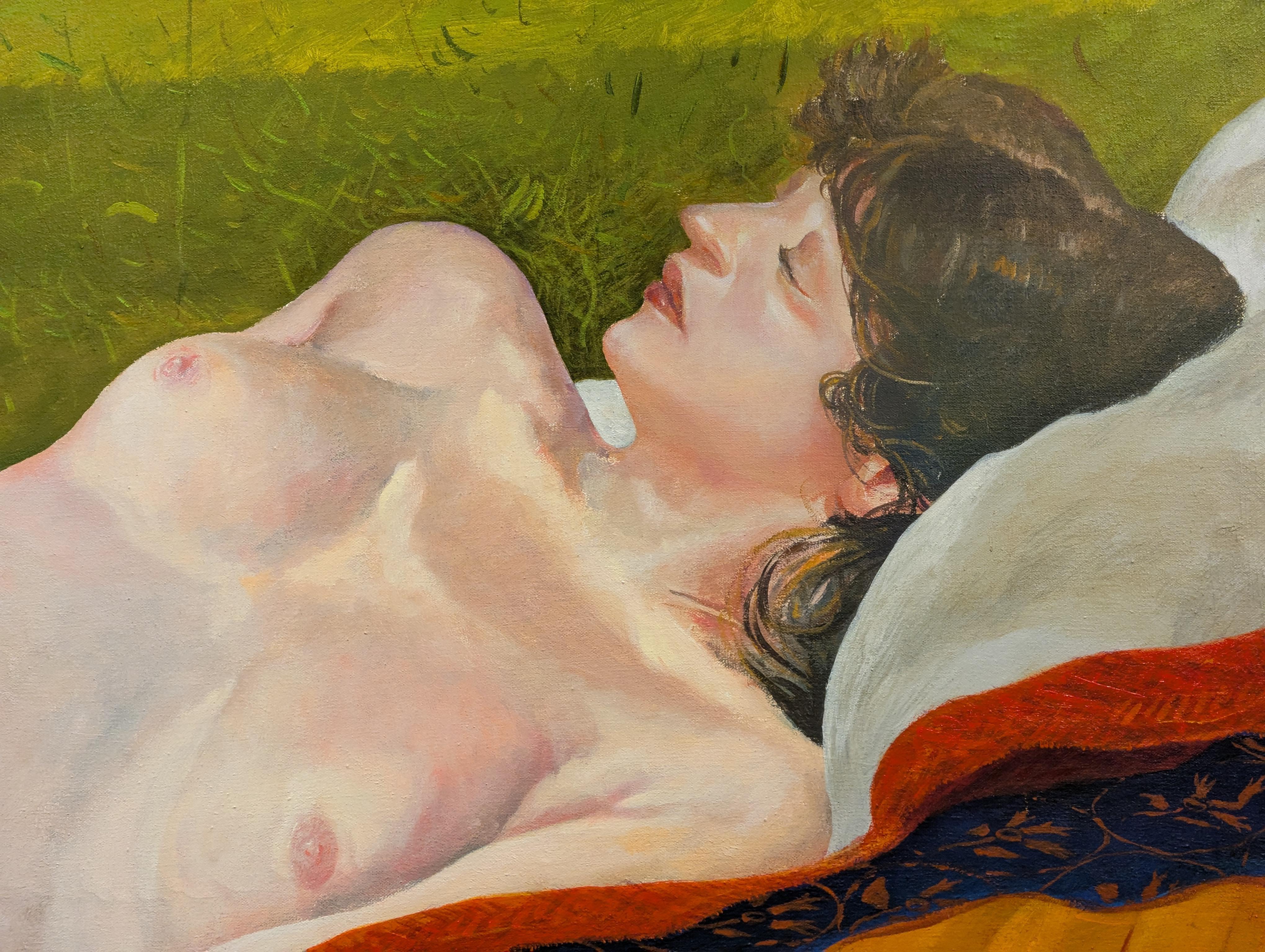 Peinture figurative moderne d'une femme allongée avec un chat et un chien dans un champ en vente 5