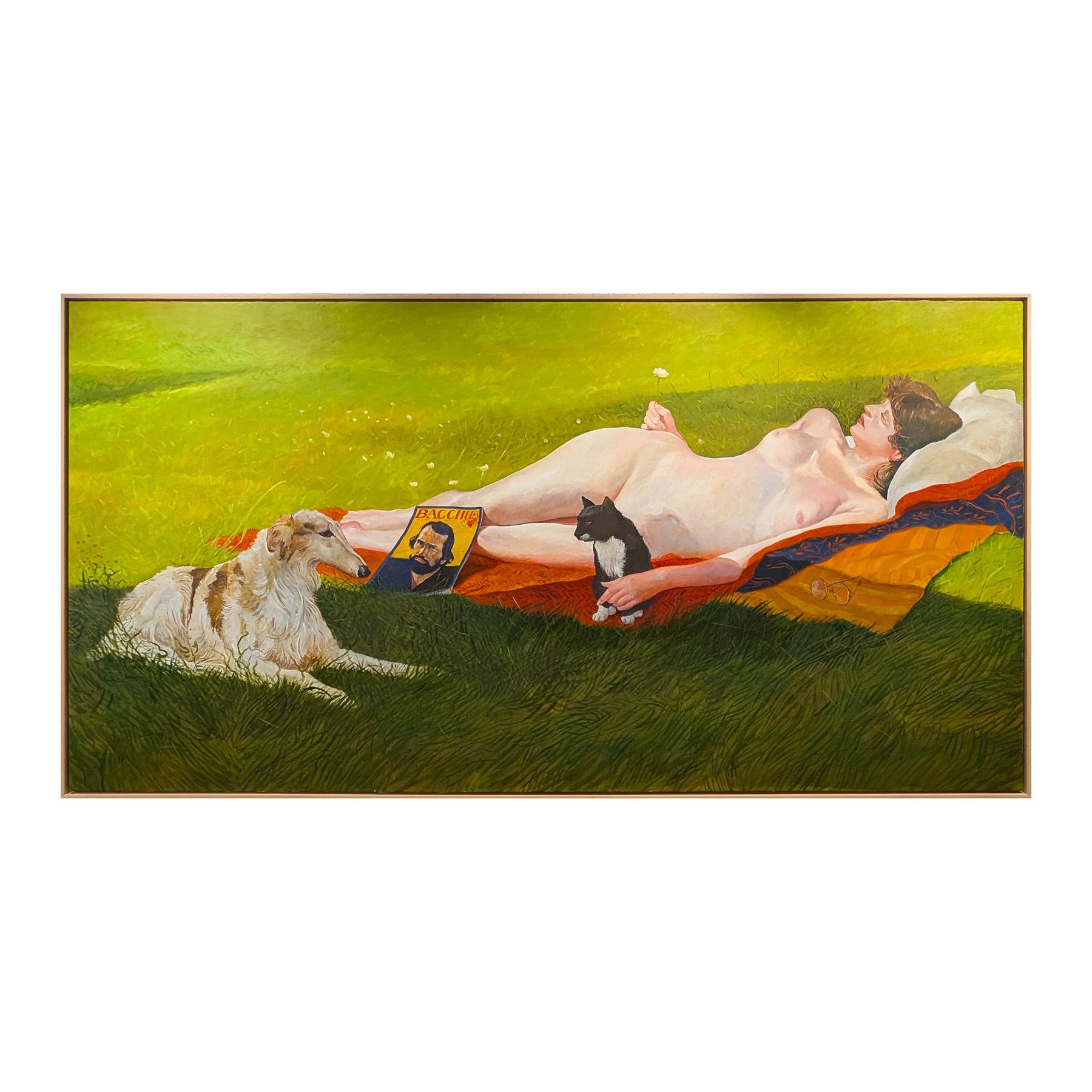 Peinture figurative moderne d'une femme allongée avec un chat et un chien dans un champ - Painting de Kermit Oliver
