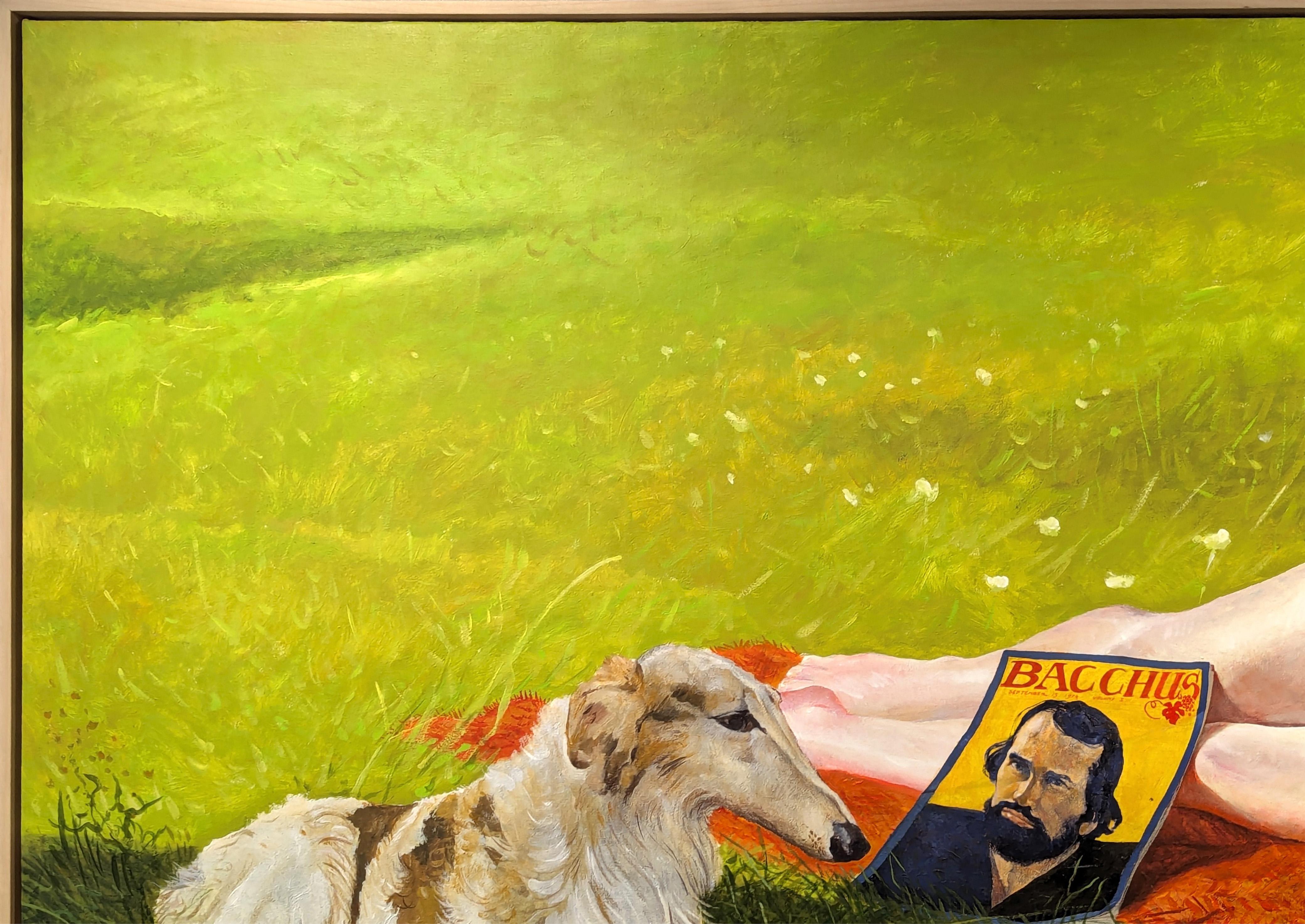 Peinture figurative moderne d'une femme allongée avec un chat et un chien dans un champ - Naturalisme Painting par Kermit Oliver