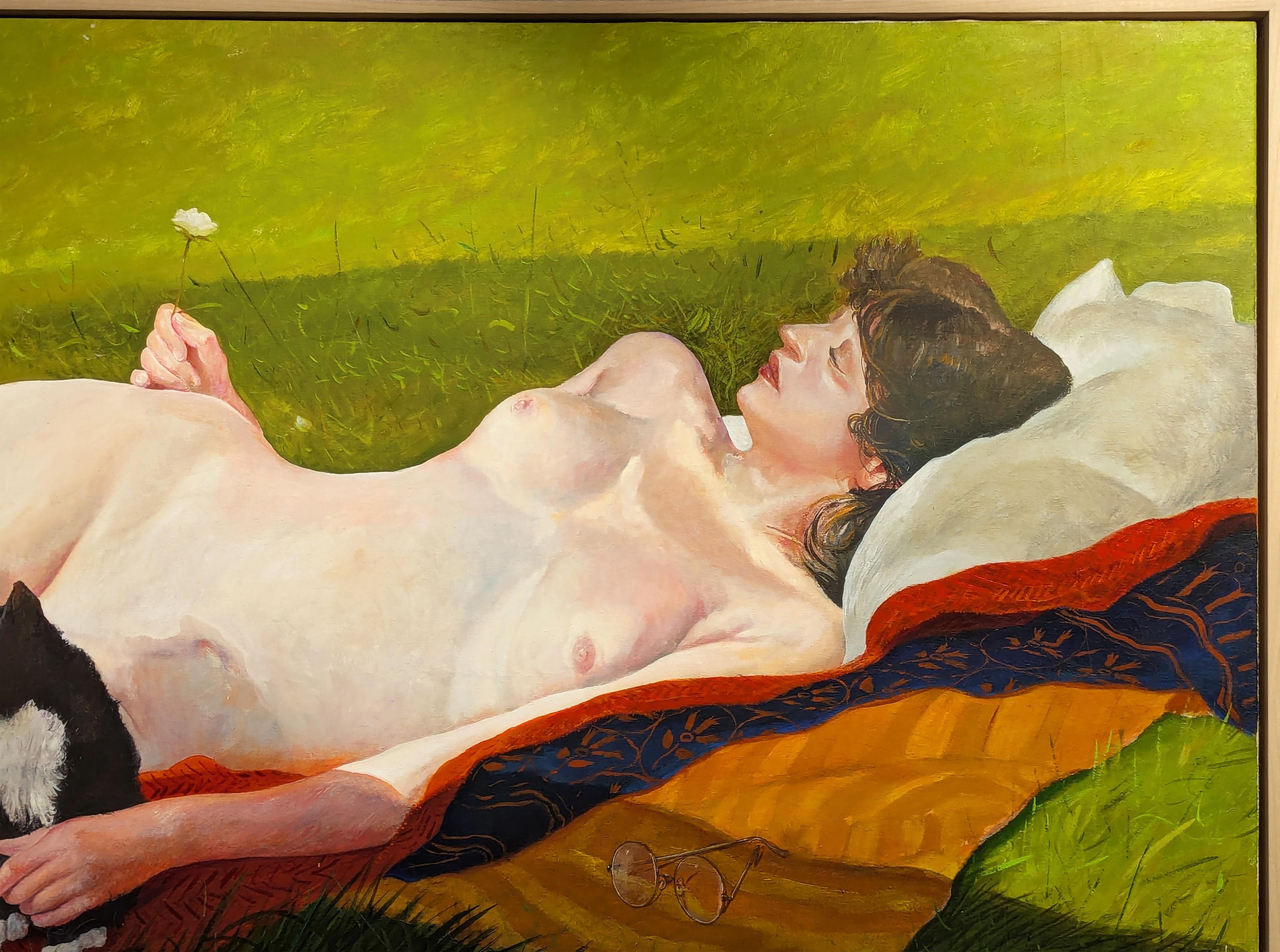 Peinture figurative moderne d'une femme allongée avec un chat et un chien dans un champ - Marron Figurative Painting par Kermit Oliver