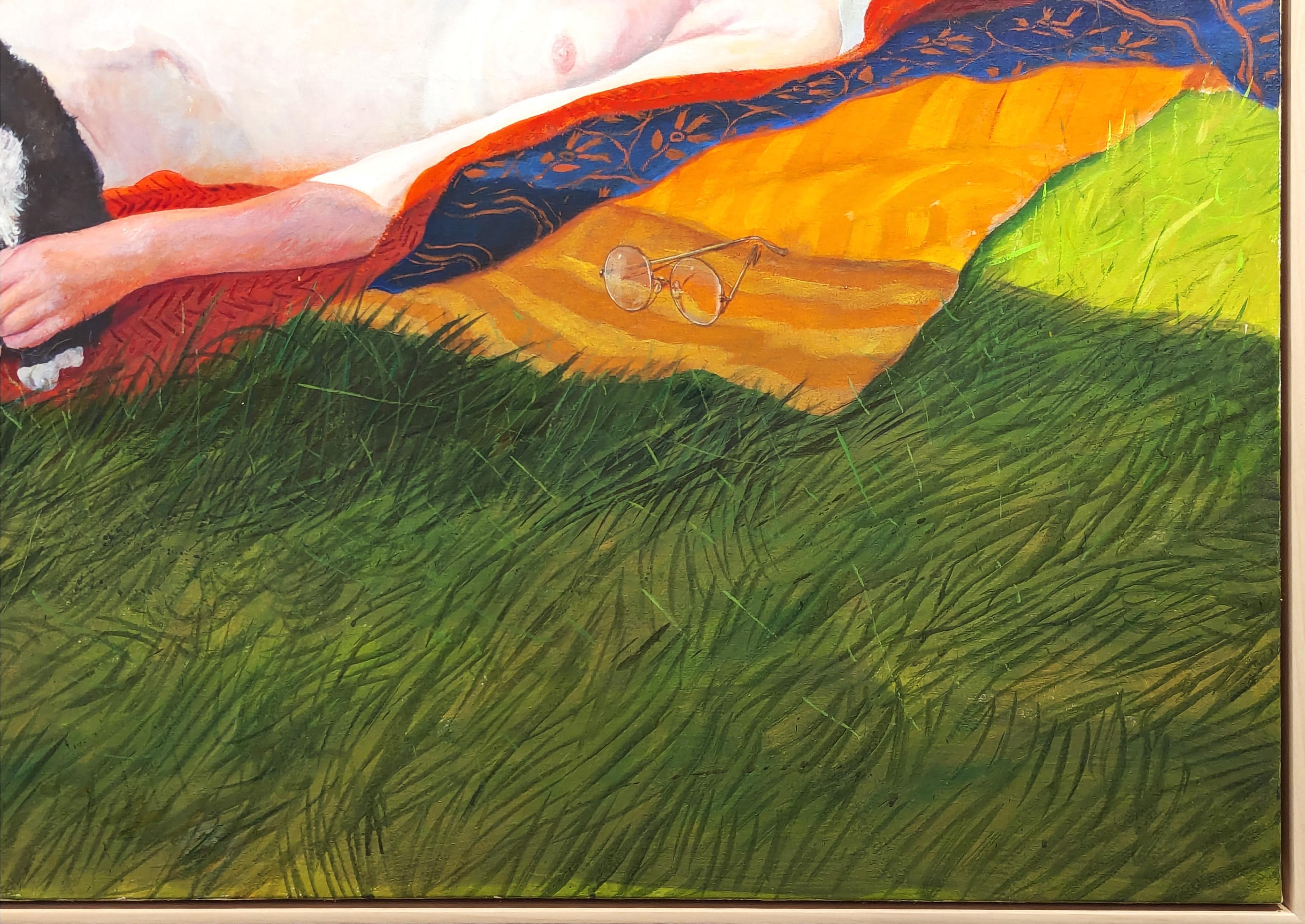 Peinture de nu figurative moderne de l'artiste Kermit Oliver, basé au Texas. L'œuvre représente une femme allongée sur une couverture au milieu d'un champ, à côté d'un chat et d'un chien. Il existe un magazine intitulé Bacchus by her legs (Bacchus