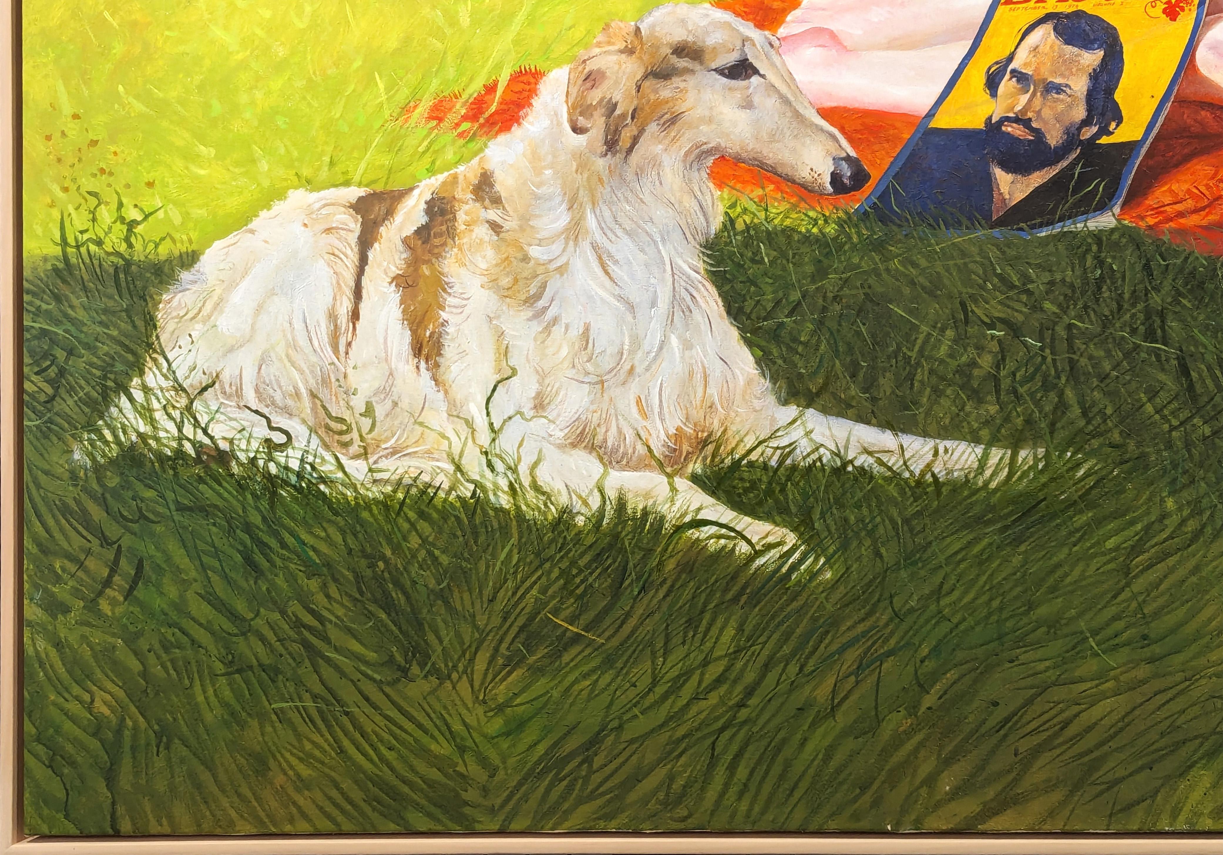 Peinture figurative moderne d'une femme allongée avec un chat et un chien dans un champ en vente 1