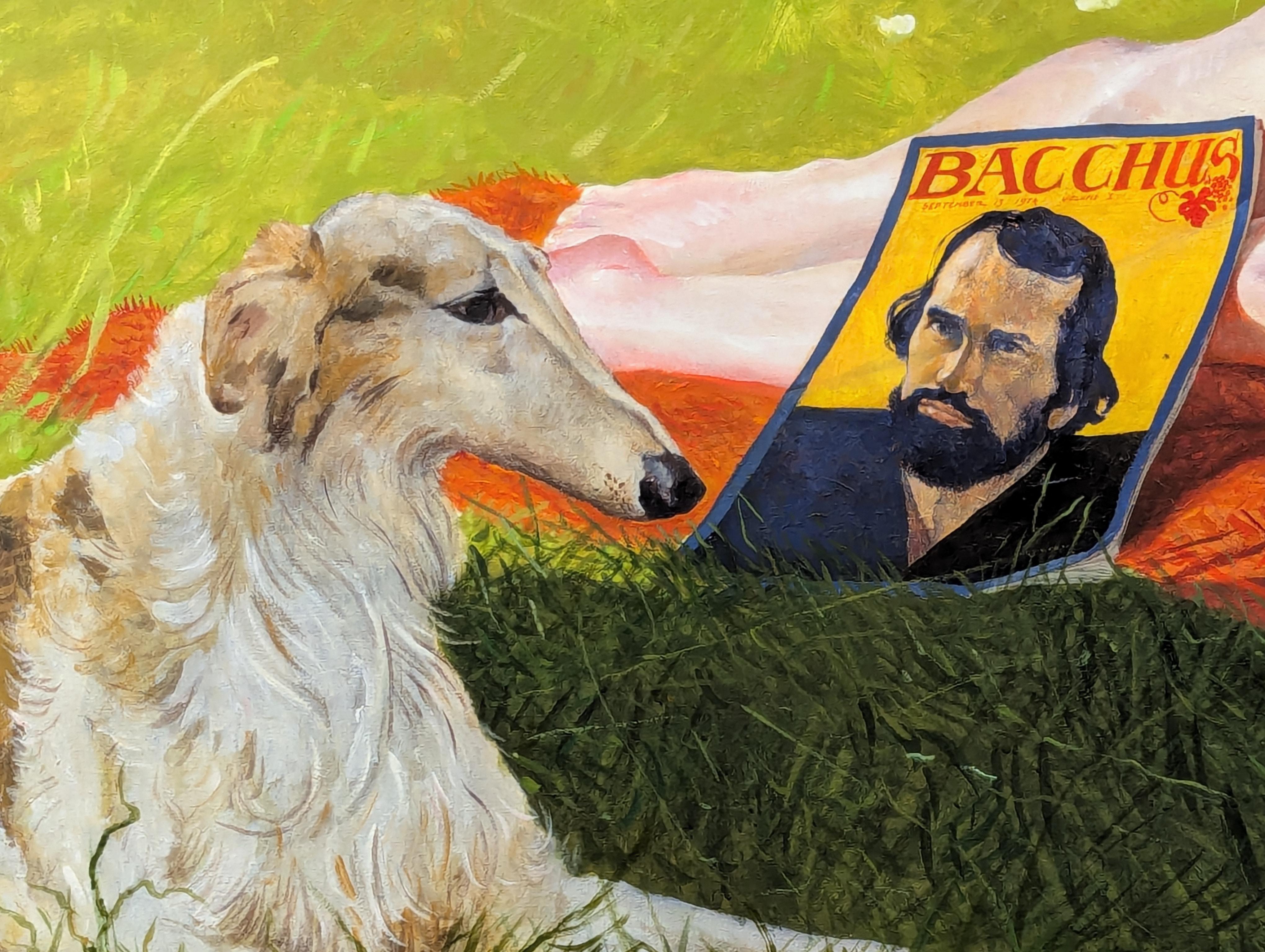 Peinture figurative moderne d'une femme allongée avec un chat et un chien dans un champ en vente 2