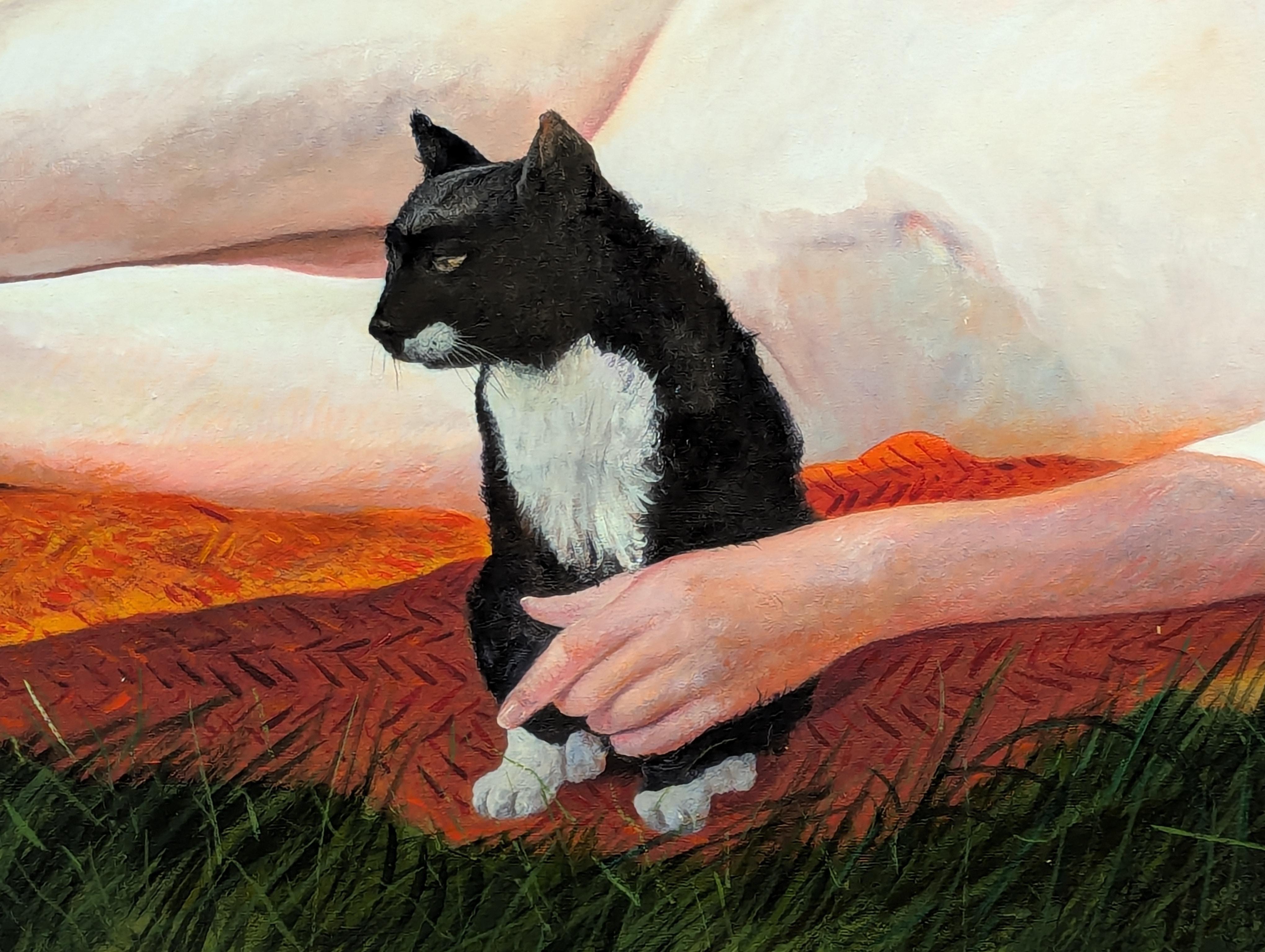 Peinture figurative moderne d'une femme allongée avec un chat et un chien dans un champ en vente 3