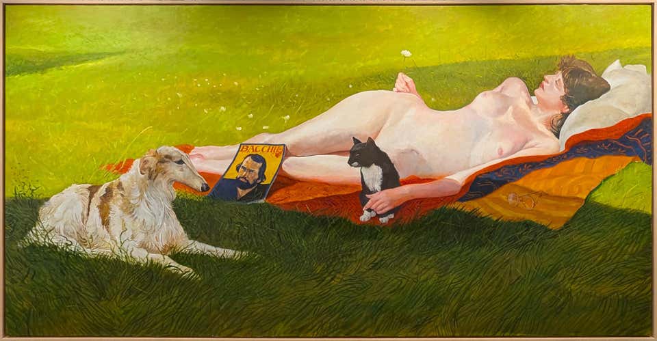 Modern Figurative Nude Painting of a Woman Lounging with a Cat & Dog in a Field