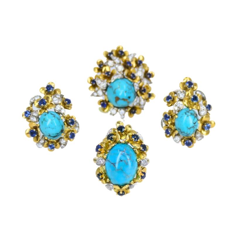Kern Jewelry Set Gold Turquoise Cabochon Sapphire Diamond In condizioni buone in vendita a Beverly Hills, CA