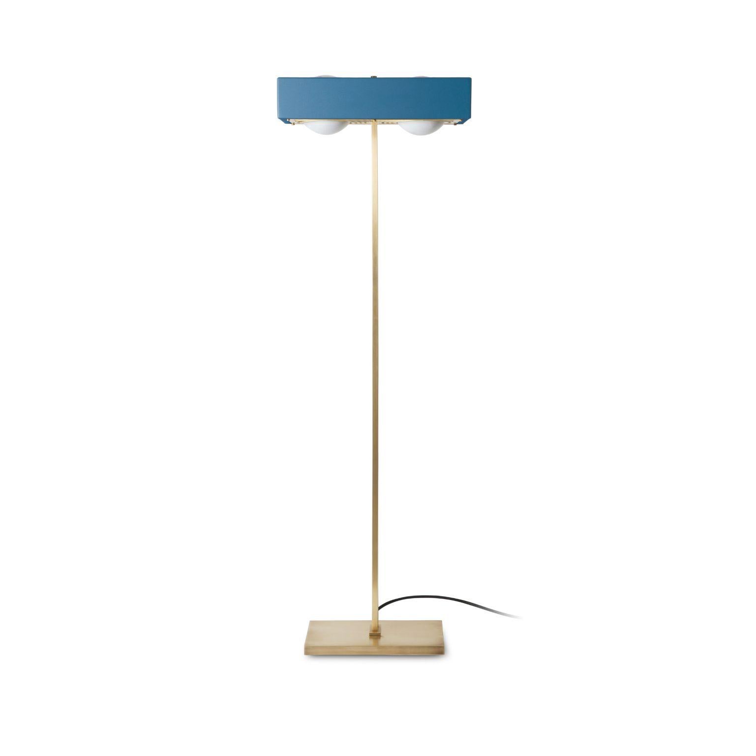 Kernal floor light - Blue by Bert Frank
Dimensions: 125 x 40 x 30 cm
Materials: Brass, steel

Brushed brass lacquered as standard, custom finishes available.

When Adam Yeats and Robbie Llewellyn founded Bert Frank in 2013 it was a meeting of minds