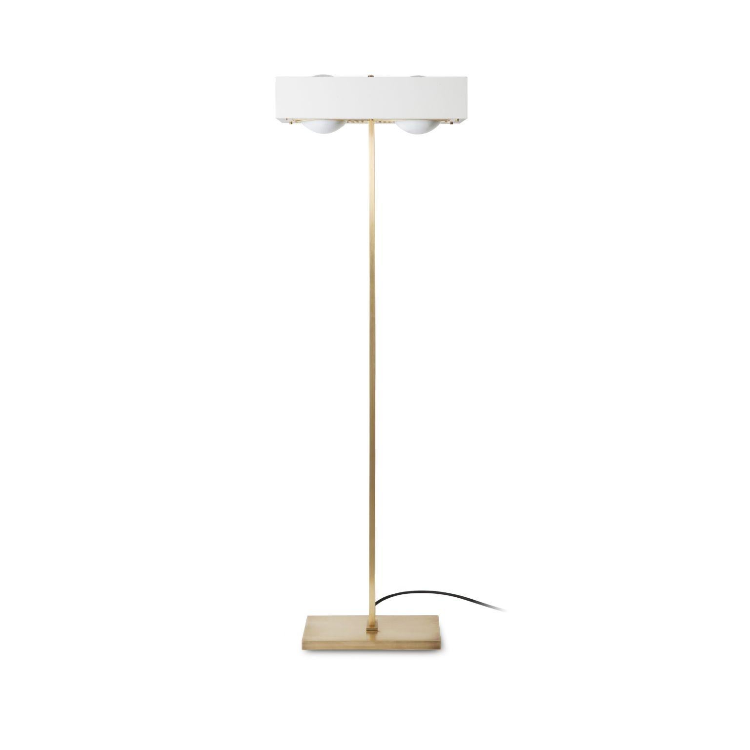 Kernel floor light - White by Bert Frank
Dimensions: 125 x 40 x 30 cm
Materials: Brass, steel

Brushed brass lacquered as standard, custom finishes available.

When Adam Yeats and Robbie Llewellyn founded Bert Frank in 2013 it was a meeting of minds