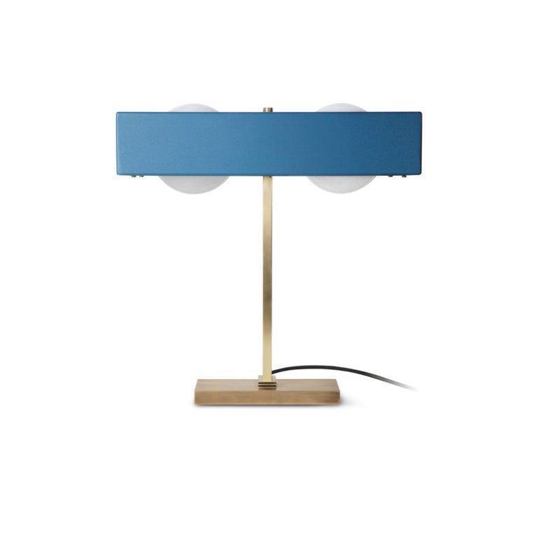 Kernal table light - blue by Bert Frank
Dimensions: 41.5 x 40 x 24 cm
Materials: Brass, steel

Brushed brass lacquered as standard, custom finishes available.

When Adam Yeats and Robbie Llewellyn founded Bert Frank in 2013 it was a meeting of minds