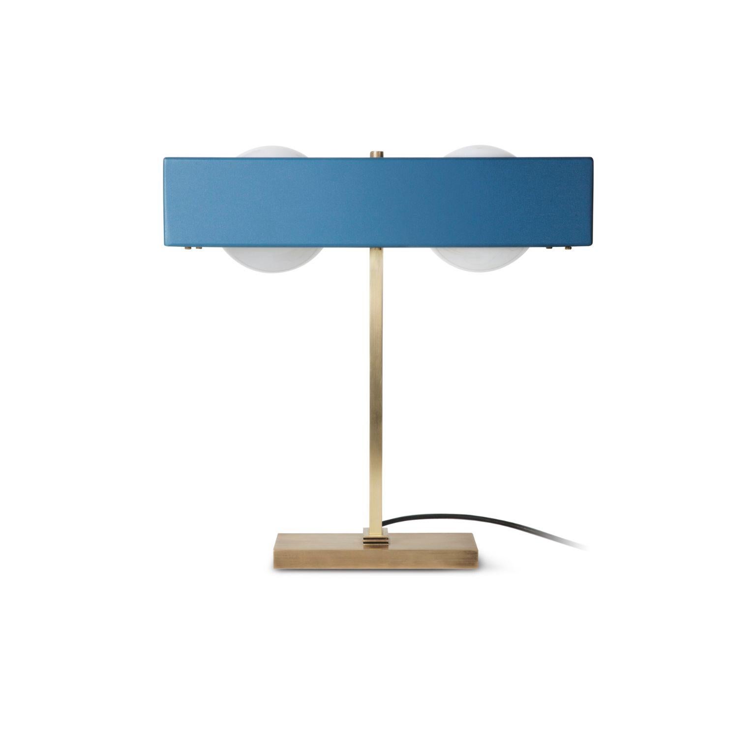 Kernel table light - blue by Bert Frank.
Dimensions: 41.5 x 40 x 24 cm.
Materials: Brass, steel.

Brushed brass lacquered as standard, custom finishes available.

When Adam Yeats and Robbie Llewellyn founded Bert Frank in 2013 it was a meeting of