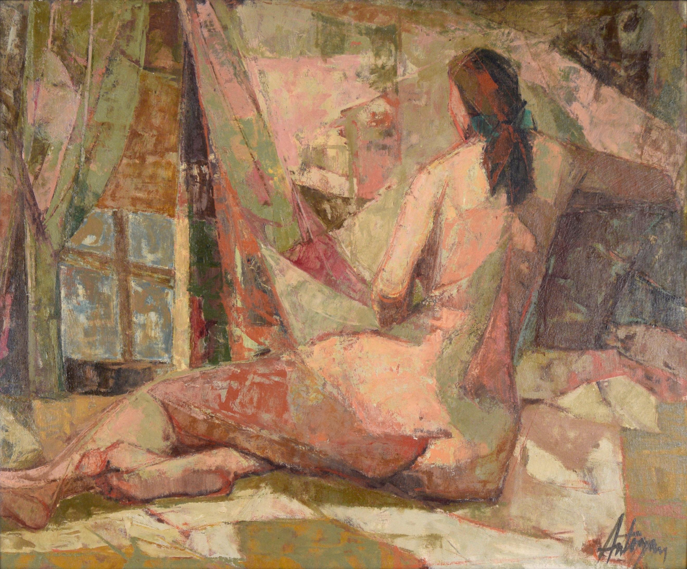 Mujer desnuda cubista junto a la ventana al óleo sobre panel ilustración envuelto en lienzo - Painting de Kero Antoyan