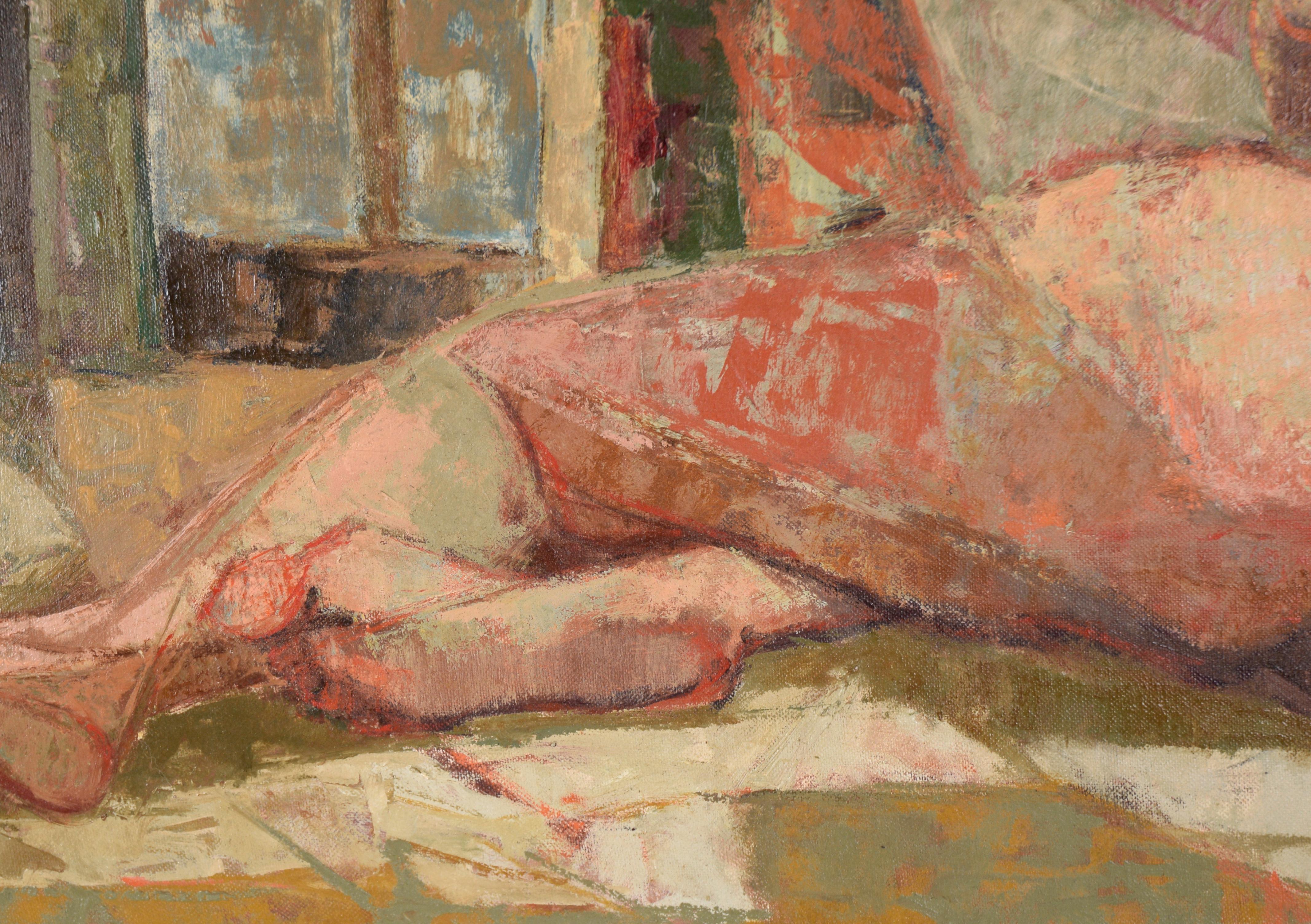 Mujer desnuda cubista junto a la ventana al óleo sobre panel ilustración envuelto en lienzo en venta 1