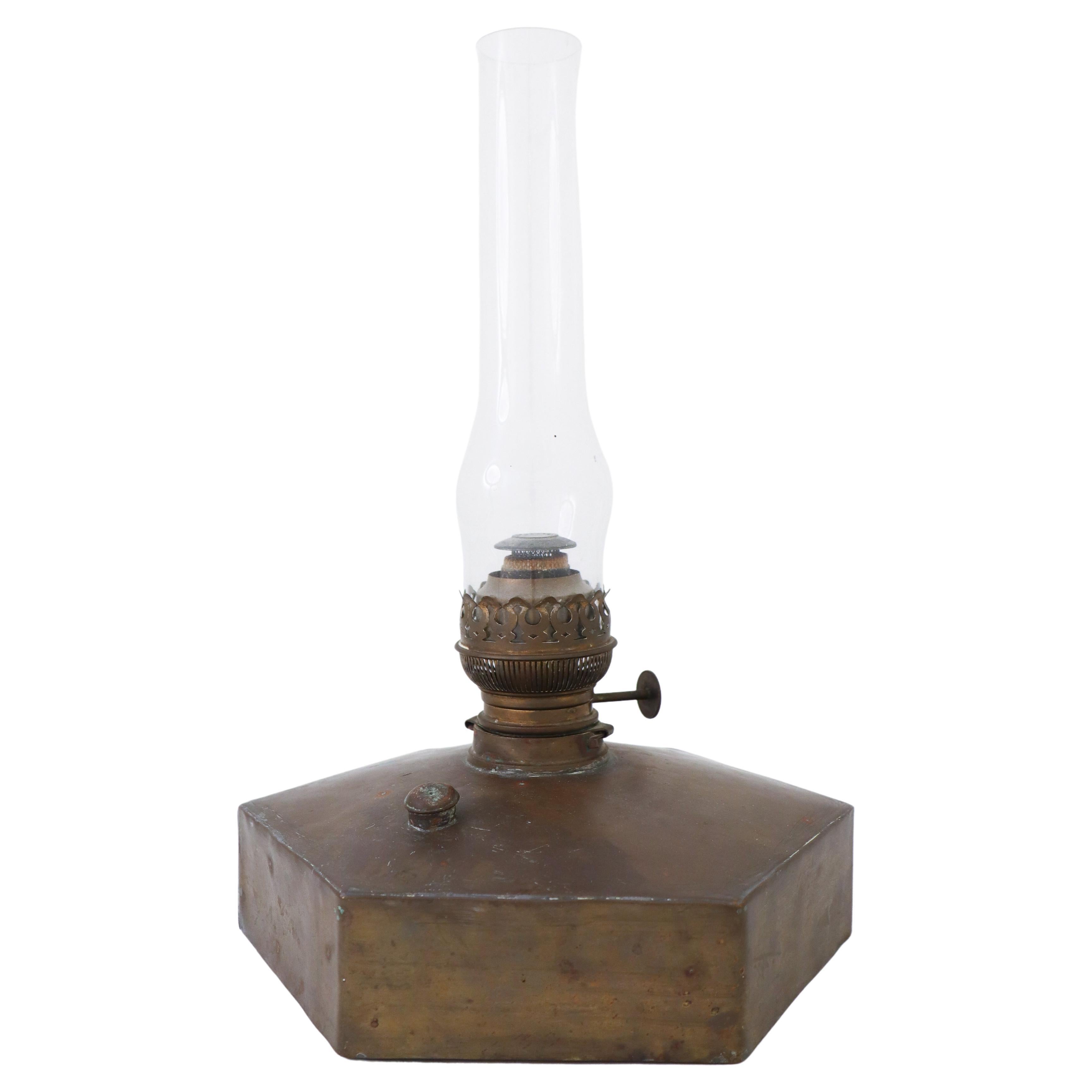 Kerosene Lamp, Hexagonal Brass, Late 19th Century  For Sale
