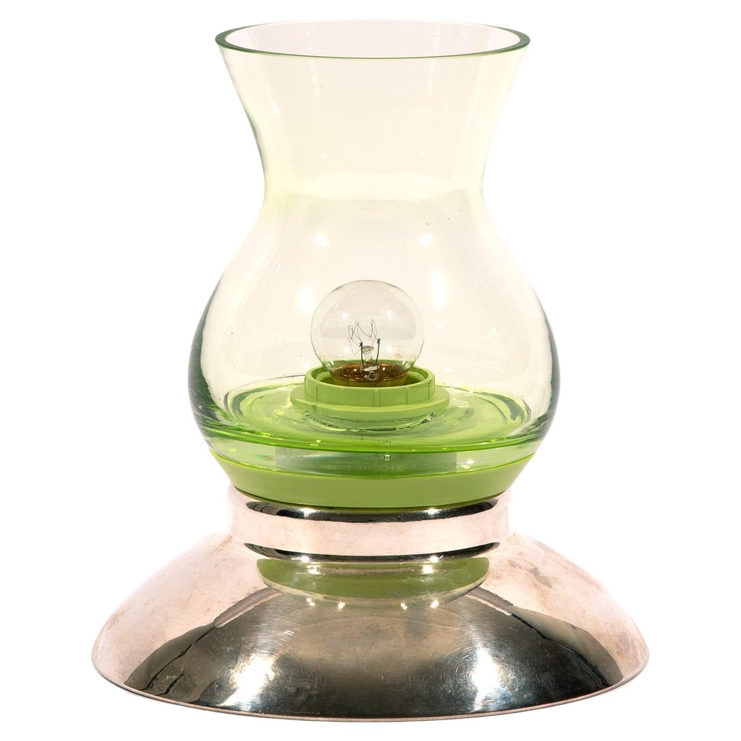 Kerosene Lamp Inspired Green Glass Silver Contemporary Table Lamp by Nusprodukt For Sale