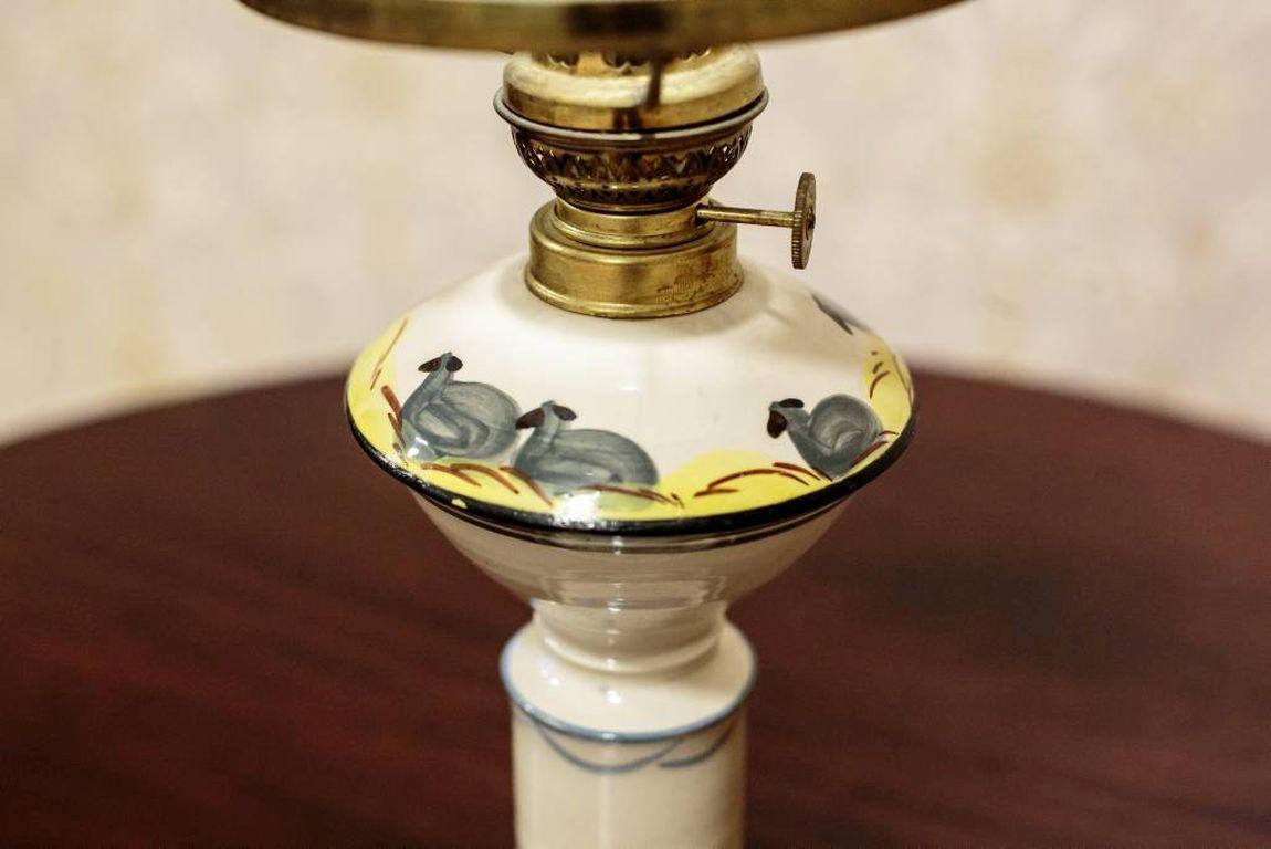 Brass Kerosene Lamp with a Faience Base from the Early 20th Century