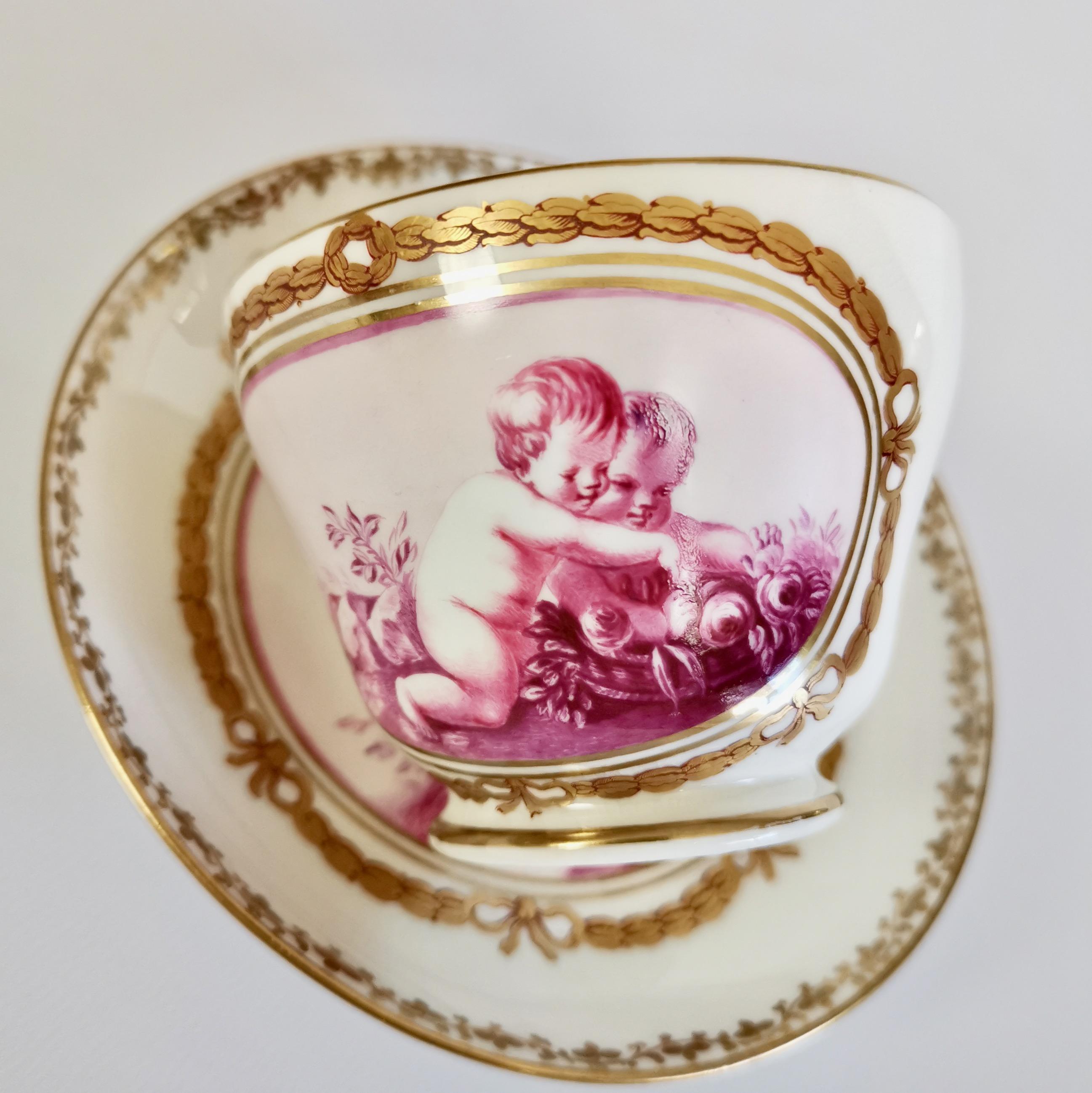 Kerr & Binns Worcester Porcelain Cup and Saucer, Puce Putti Playing, circa 1855 4