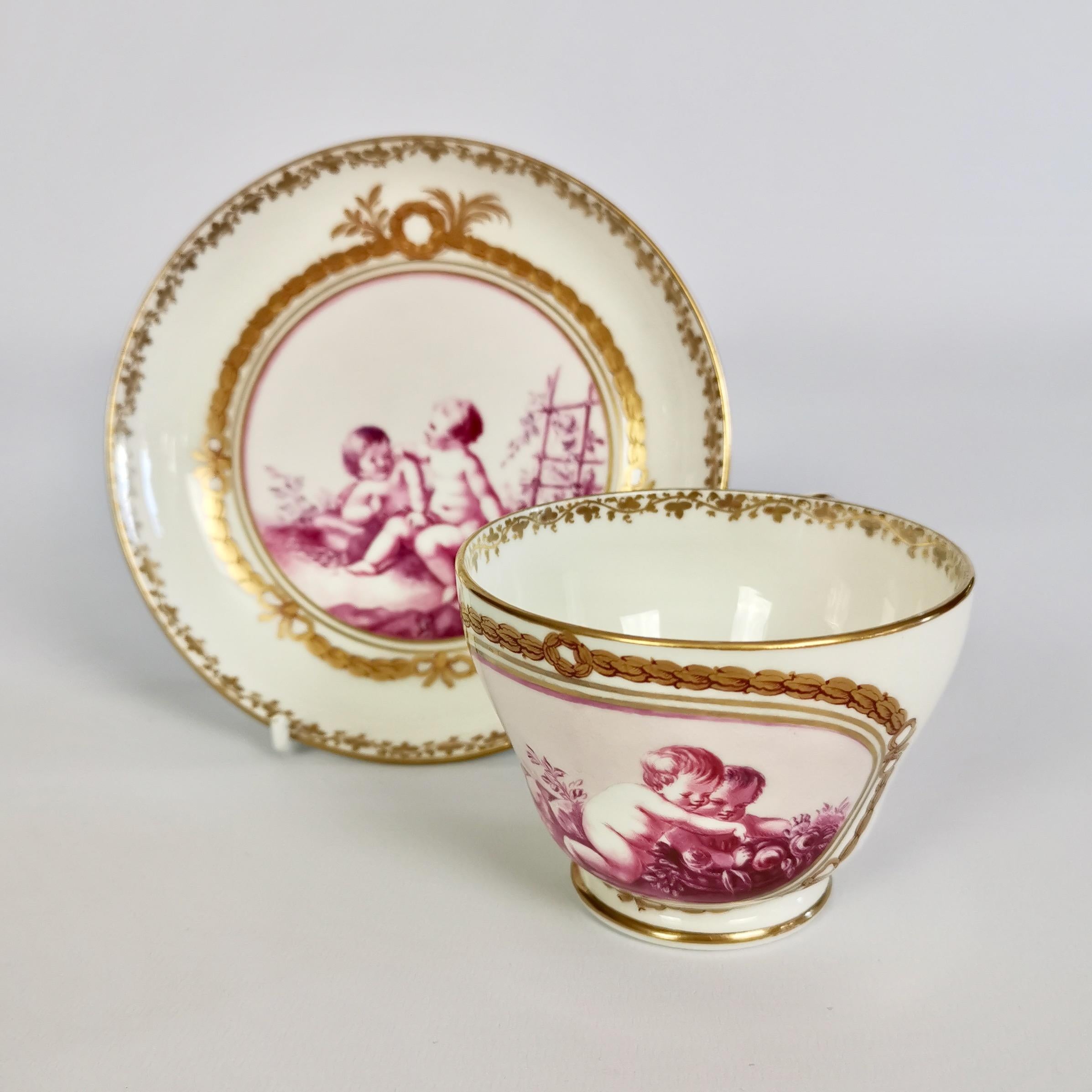 Regency Kerr & Binns Worcester Porcelain Cup and Saucer, Puce Putti Playing, circa 1855