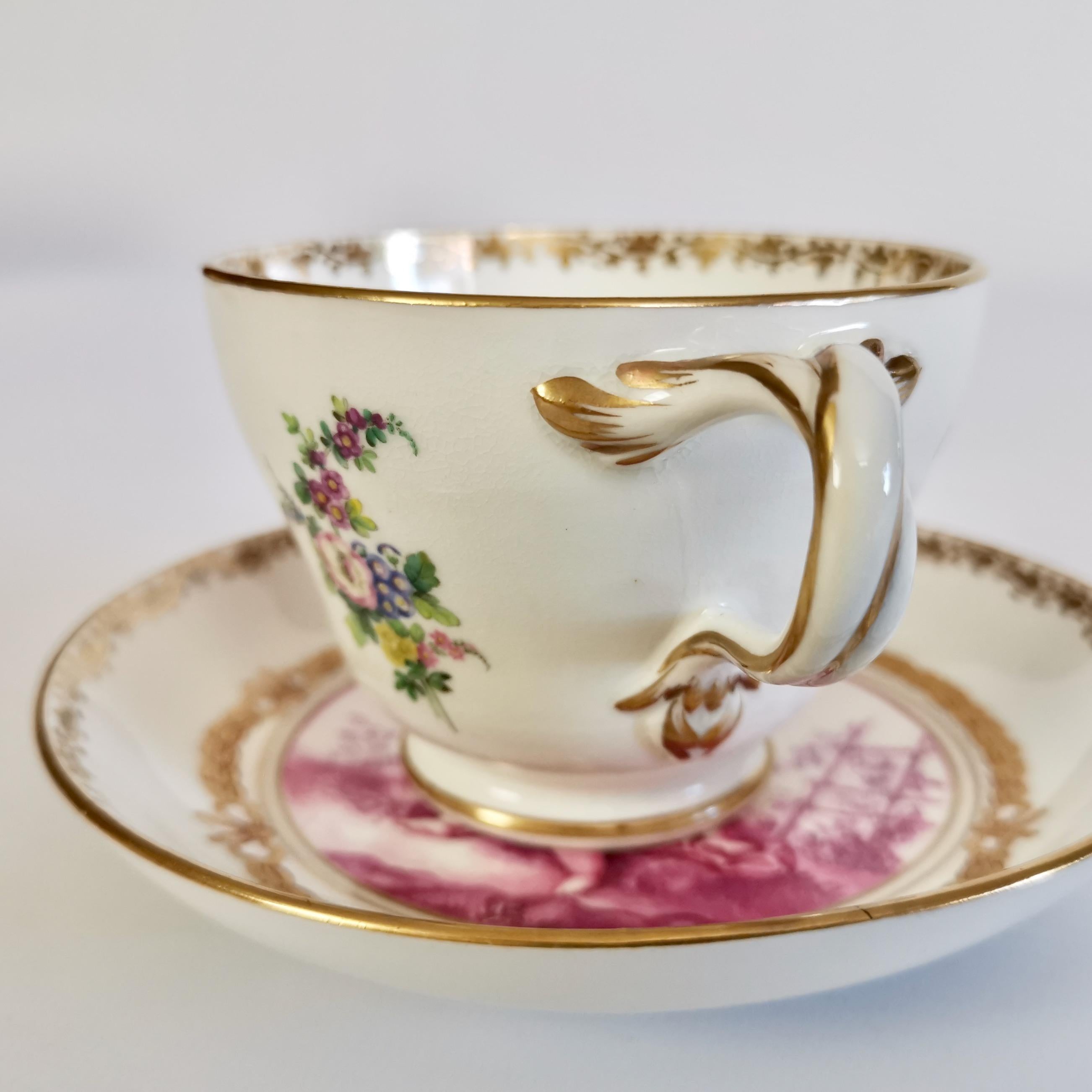 Mid-19th Century Kerr & Binns Worcester Porcelain Cup and Saucer, Puce Putti Playing, circa 1855