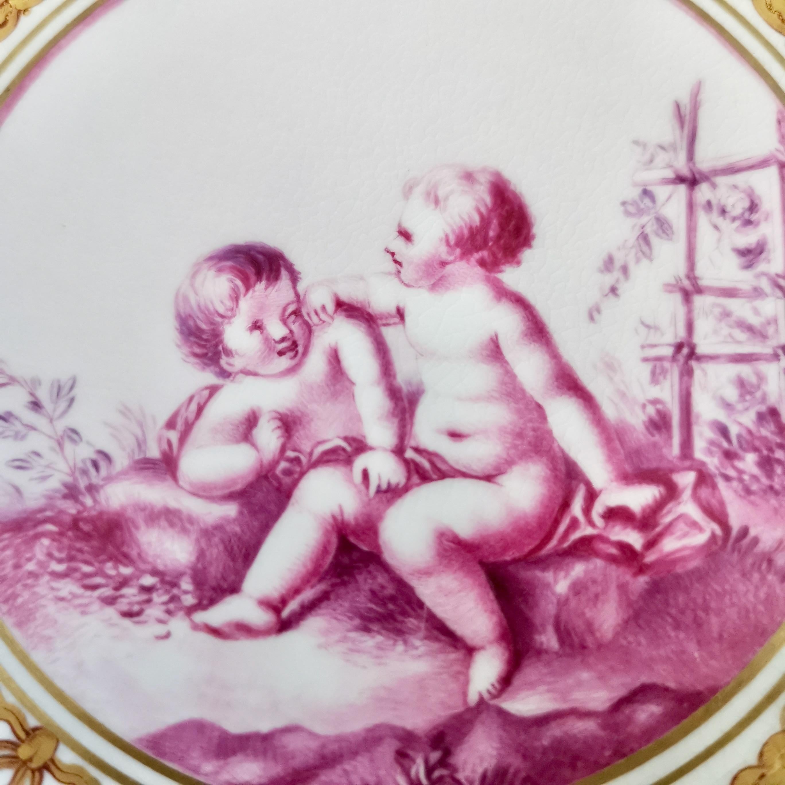 Kerr & Binns Worcester Porcelain Cup and Saucer, Puce Putti Playing, circa 1855 1