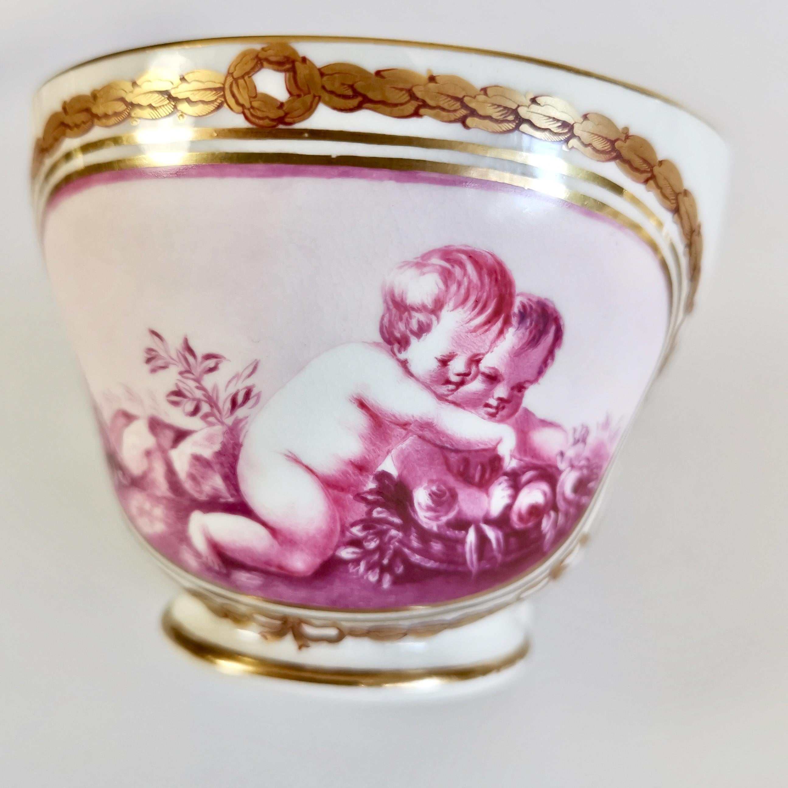 Kerr & Binns Worcester Porcelain Cup and Saucer, Puce Putti Playing, circa 1855 2