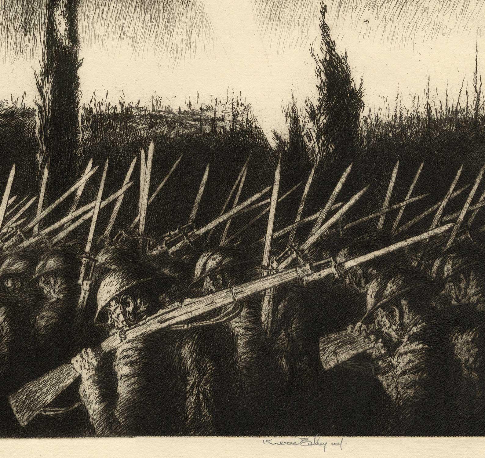 Barrage (Eby parallels WWI soldiers sacrifice with sacrifice of Christ on cross) - American Realist Print by Kerr Eby