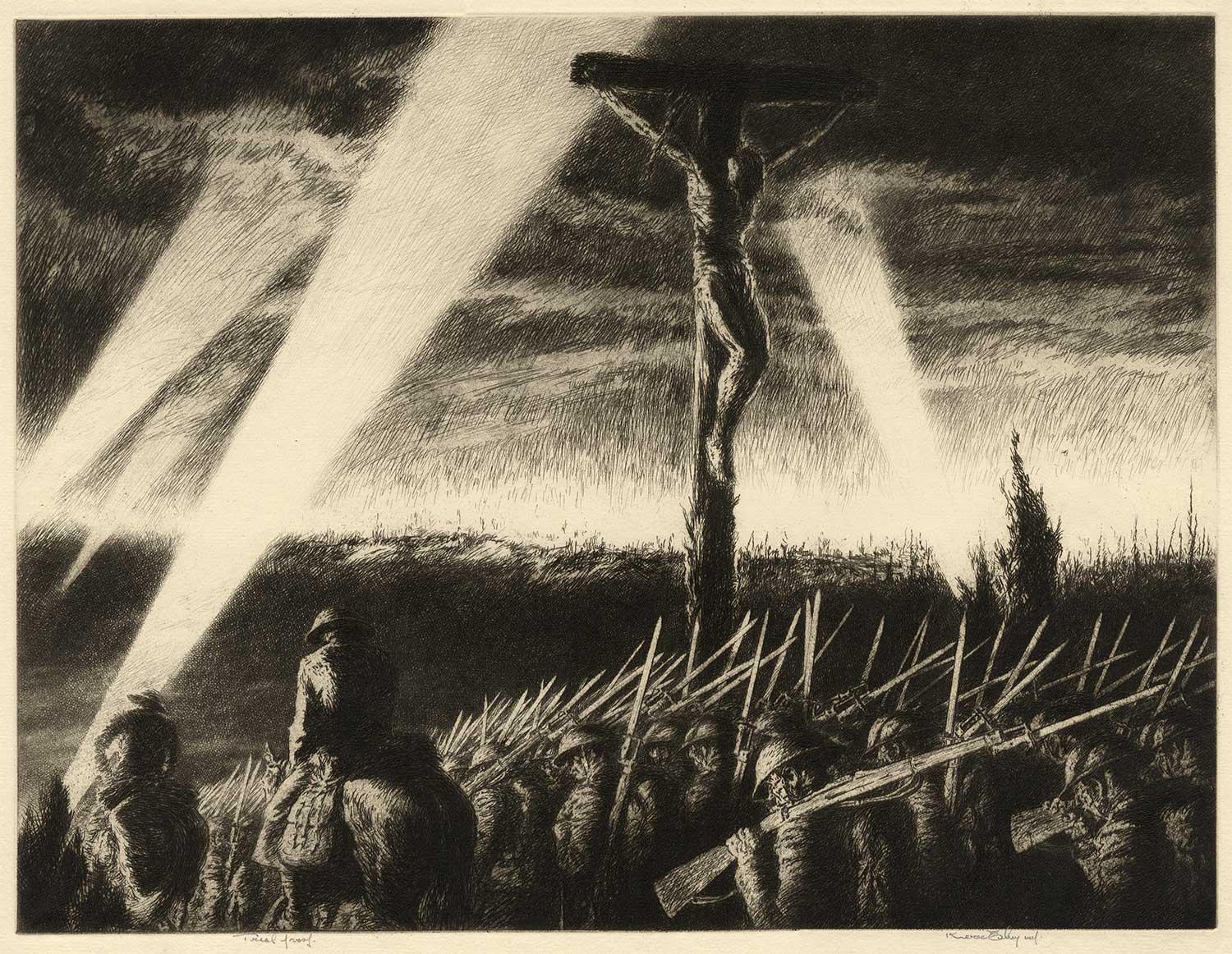 Barrage (Eby parallels WWI soldiers sacrifice with sacrifice of Christ on cross) - Black Landscape Print by Kerr Eby